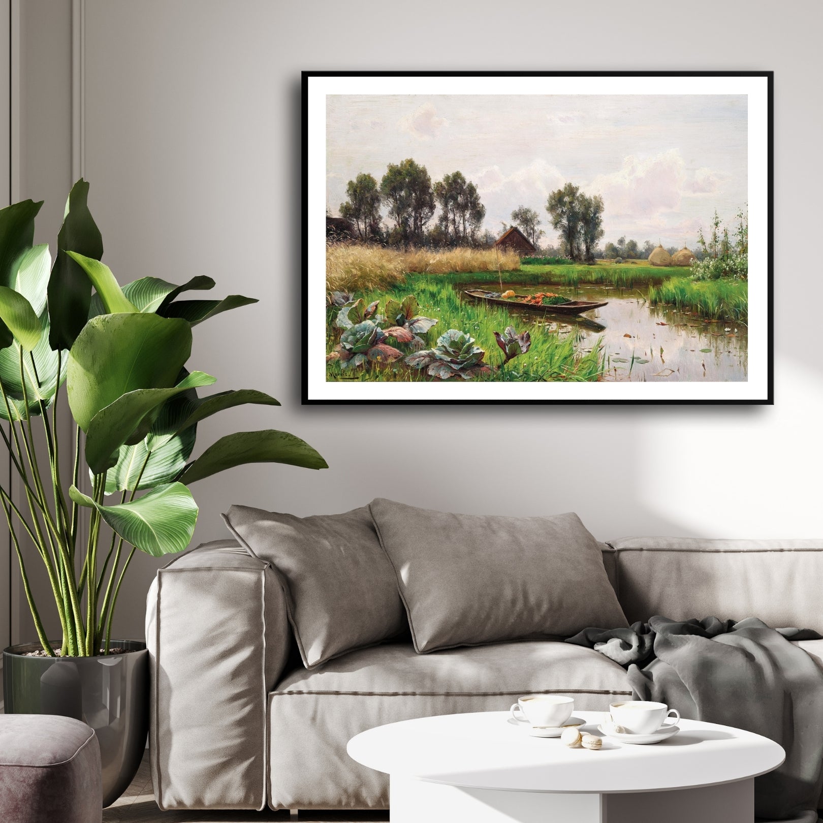 Pastoral Stillness – Vintage Countryside Canal Landscape 2 : 3 Horizontal Premium Wall Art Canvas by MeriDeewar