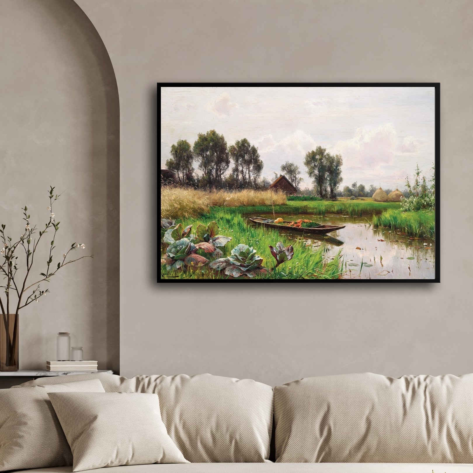 Pastoral Stillness – Vintage Countryside Canal Landscape 2 : 3 Horizontal Premium Wall Art Canvas by MeriDeewar