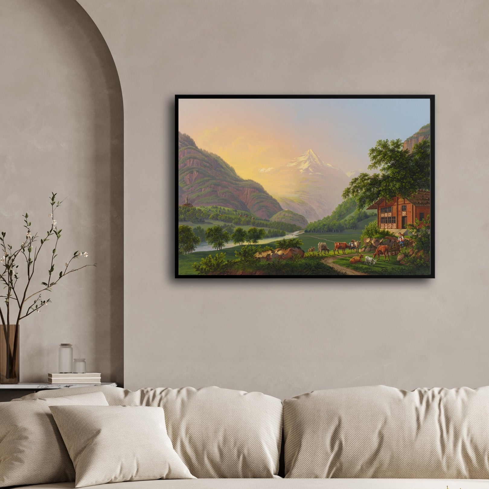 Pastoral Valley – Serene Mountain Farm Landscape Wall Art 2 : 3 Horizontal Premium Wall Art Canvas by MeriDeewar