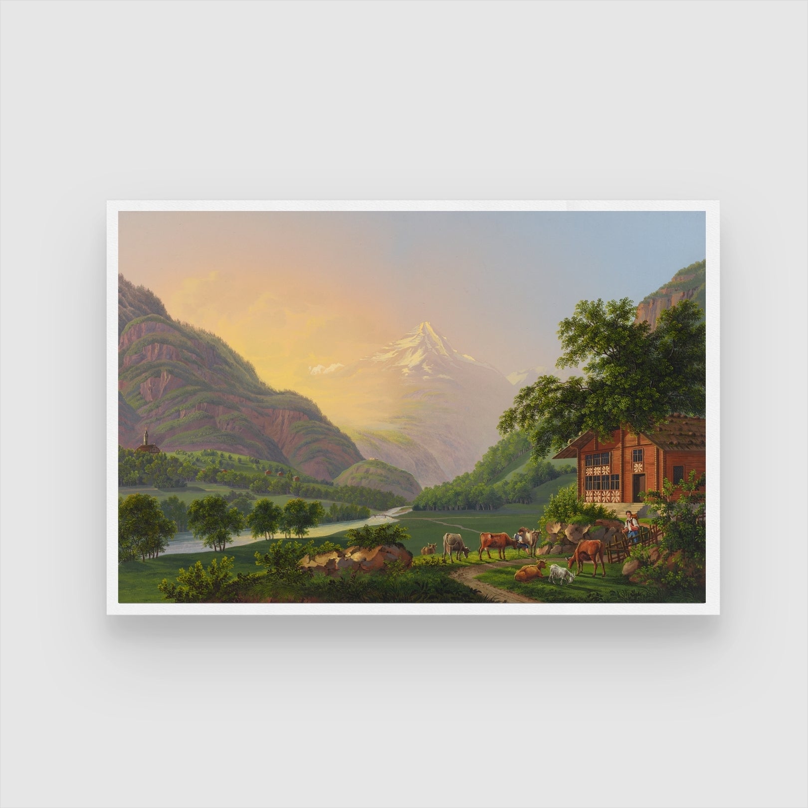 Pastoral Valley – Serene Mountain Farm Landscape Wall Art 2 : 3 Horizontal Premium Wall Art Canvas by MeriDeewar