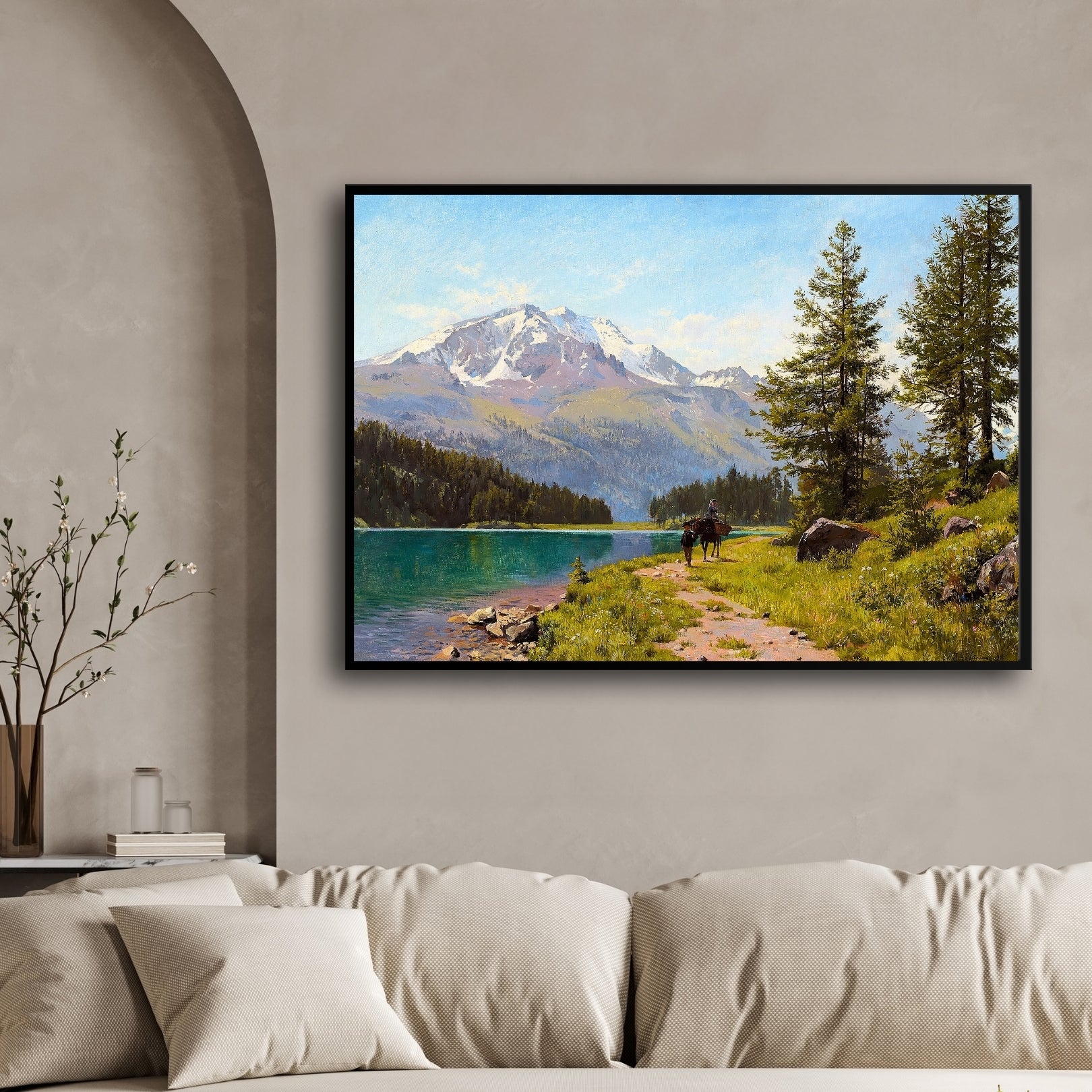 Path to Solitude – Alpine Lake with Horse and Rider Wall Art 2 : 3 Horizontal Premium Wall Art Canvas by MeriDeewar