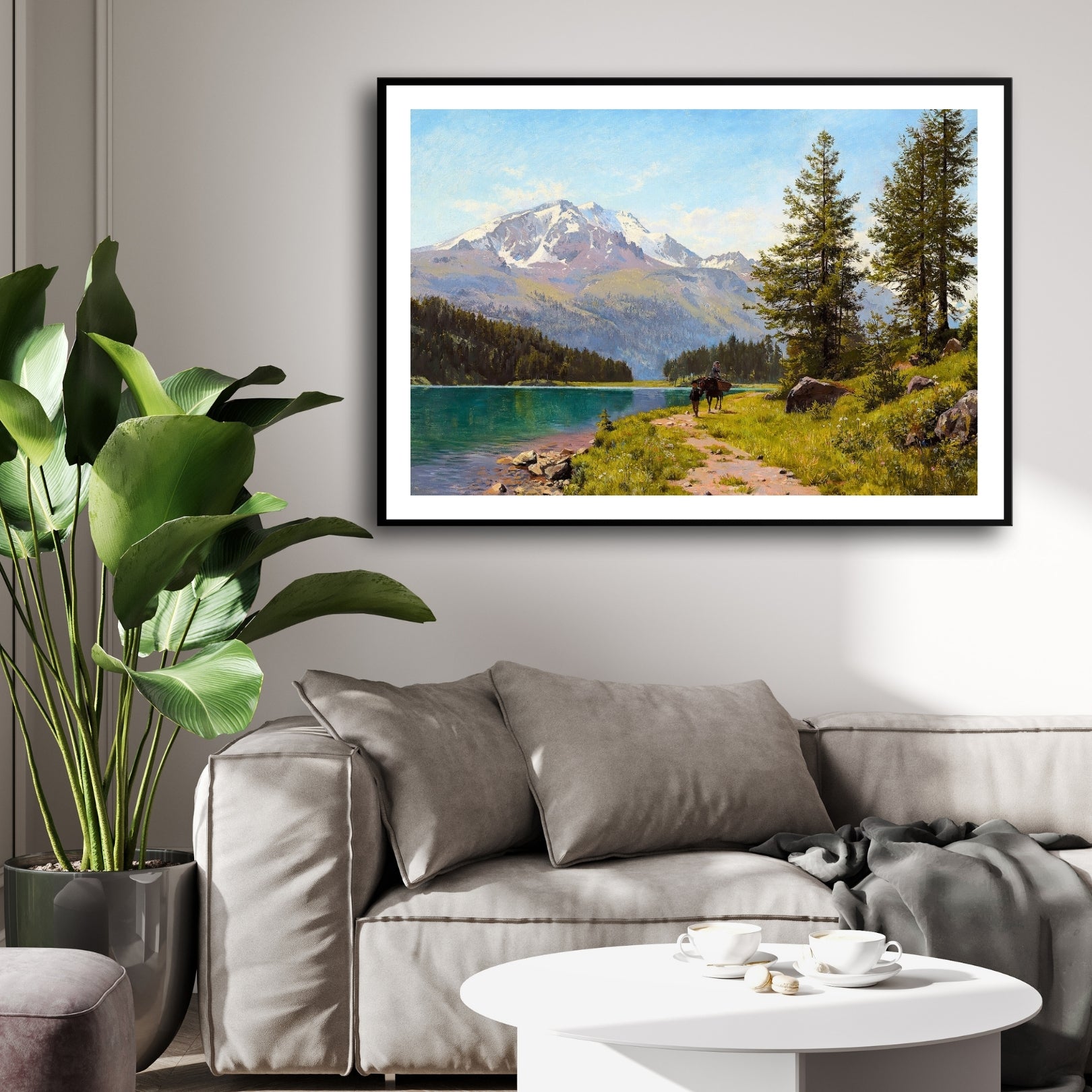 Path to Solitude – Alpine Lake with Horse and Rider Wall Art 2 : 3 Horizontal Premium Wall Art Canvas by MeriDeewar