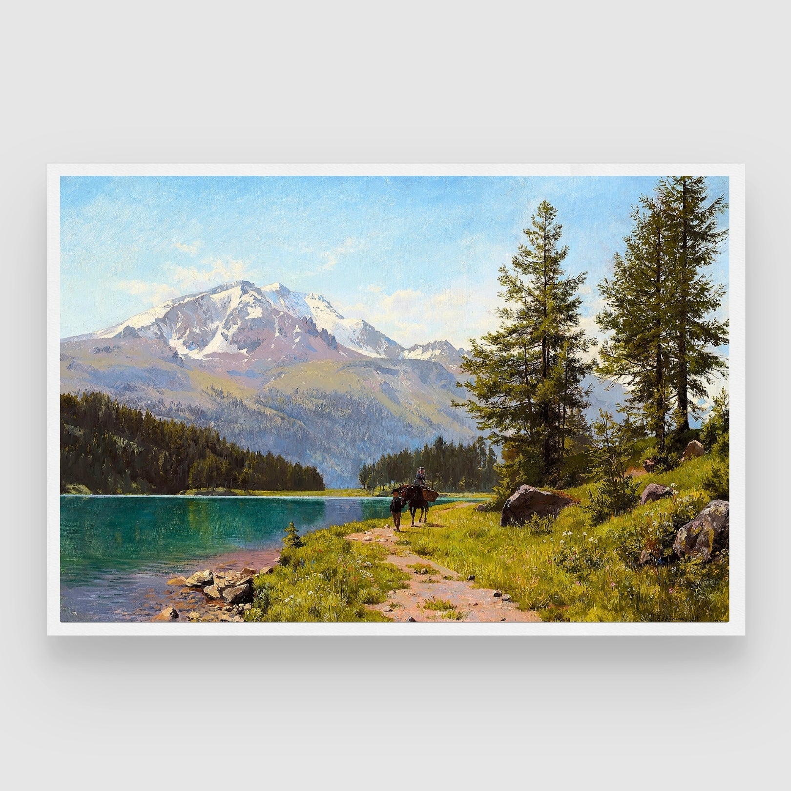 Path to Solitude – Alpine Lake with Horse and Rider Wall Art 2 : 3 Horizontal Premium Wall Art Canvas by MeriDeewar