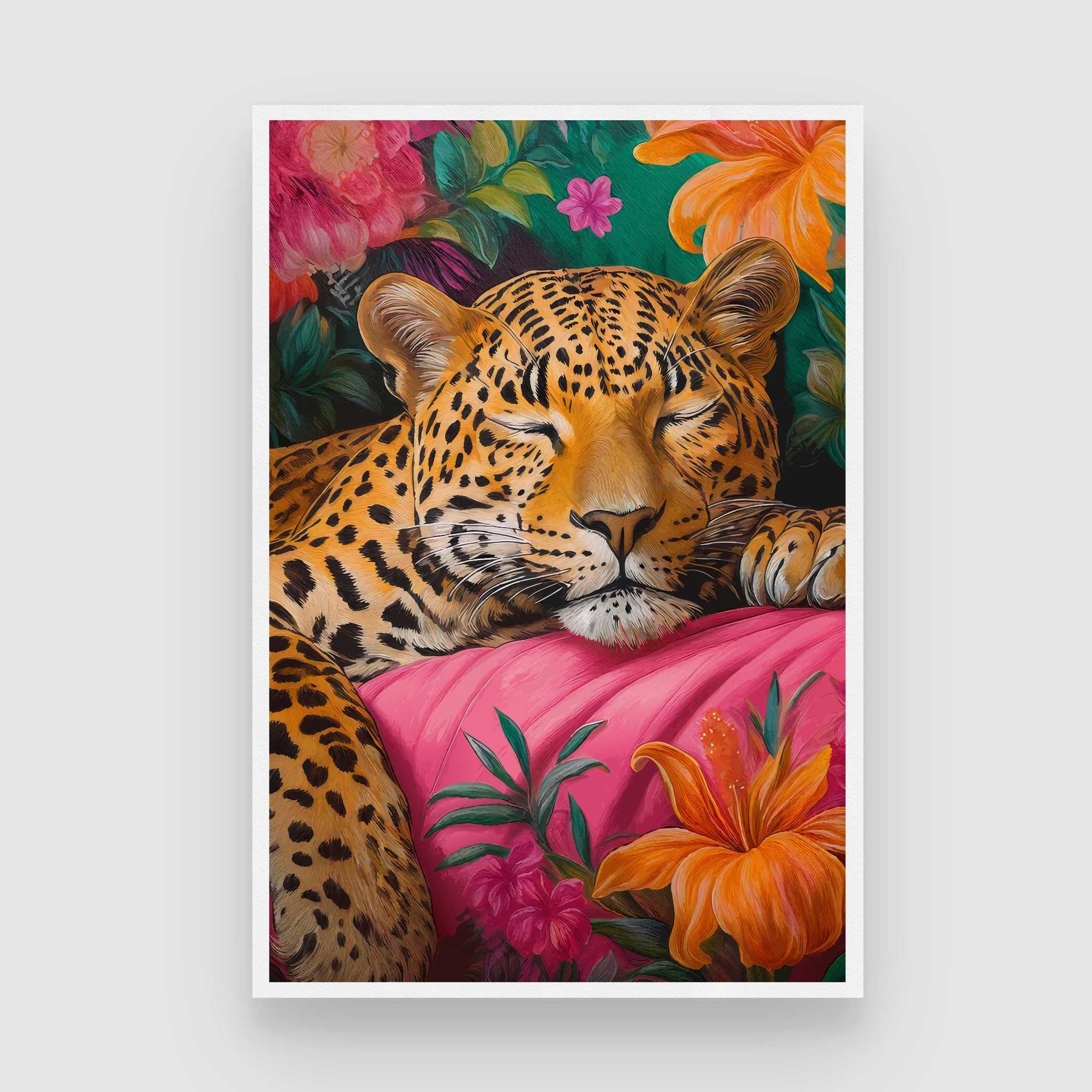 Peaceful Sleeping Leopard Tropical Floral Pop Art | Framed Print 2 : 3 Vertical Premium Wall Art Canvas by MeriDeewar