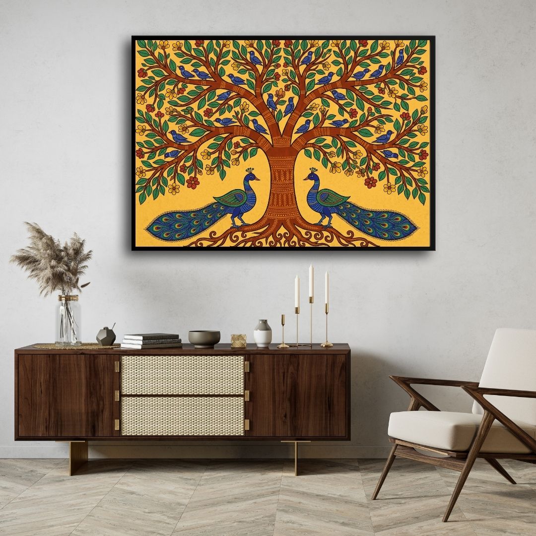 "Peacocks Under the Tree of Life" Gond Art Giclée Print | Indian Wall Art Print 4 : 3 Horizontal Premium Wall Art Canvas by MeriDeewar