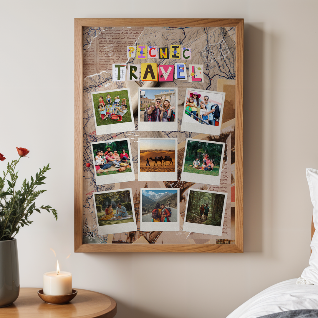 Personalized Travel & Picnic Scrapbook Photo Frame | Custom 9-Picture Map Collage custom Premium Wall Art Canvas by MeriDeewar