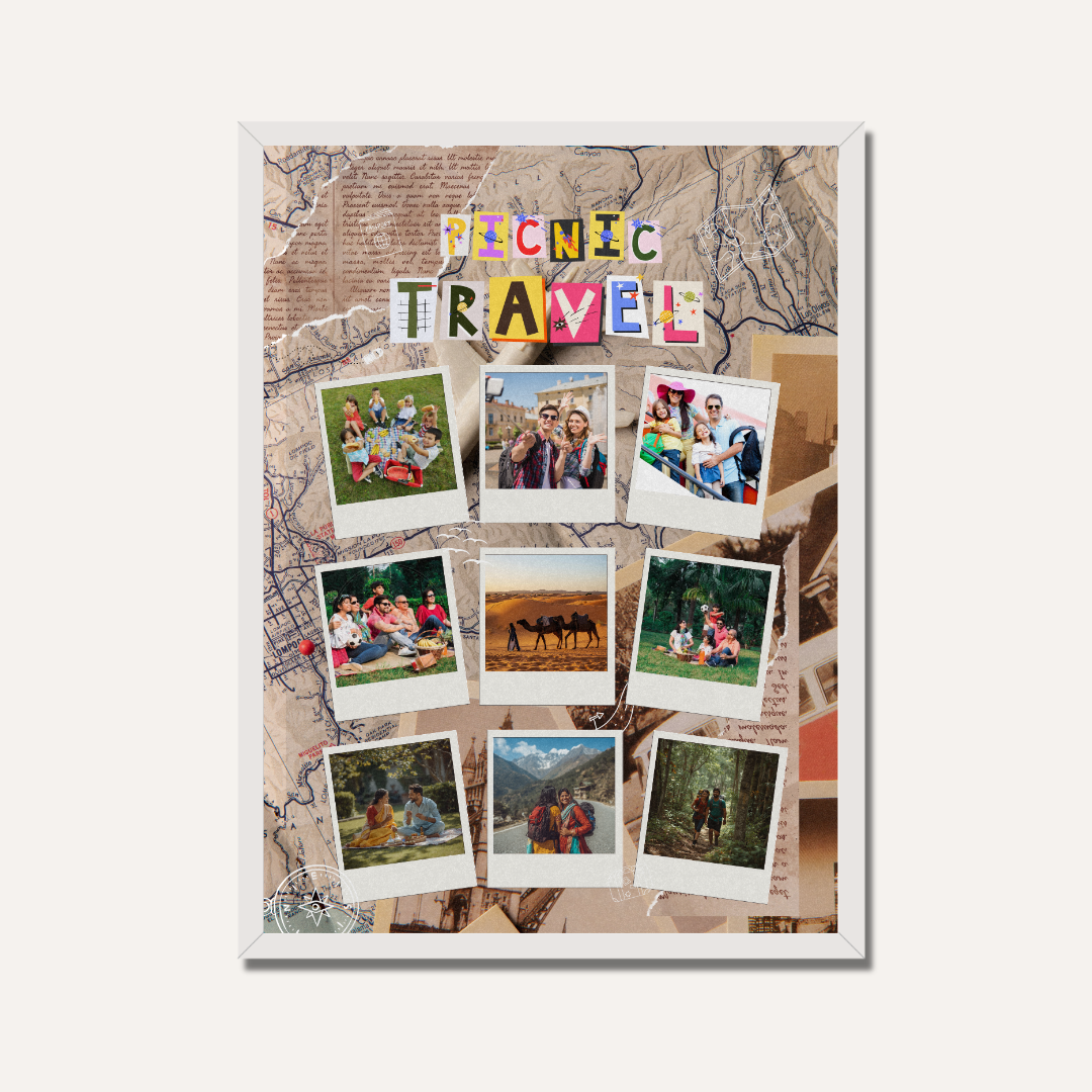 Personalized Travel & Picnic Scrapbook Photo Frame | Custom 9-Picture Map Collage custom Premium Wall Art Canvas by MeriDeewar
