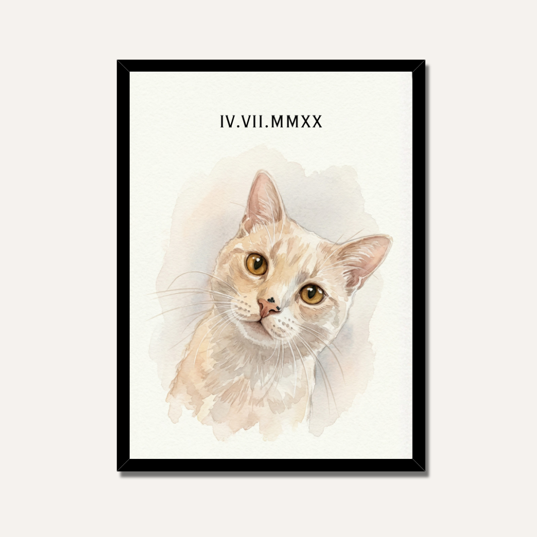 Personalized Watercolor Pet Portrait Frame | Custom Roman Numeral Pet Art custom Premium Wall Art Canvas by MeriDeewar