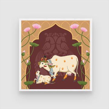 Pichwai Cow Art with Lotus: Indian Tradition at MeriDeewar 1 : 1 Square Premium Wall Art Canvas by MeriDeewar