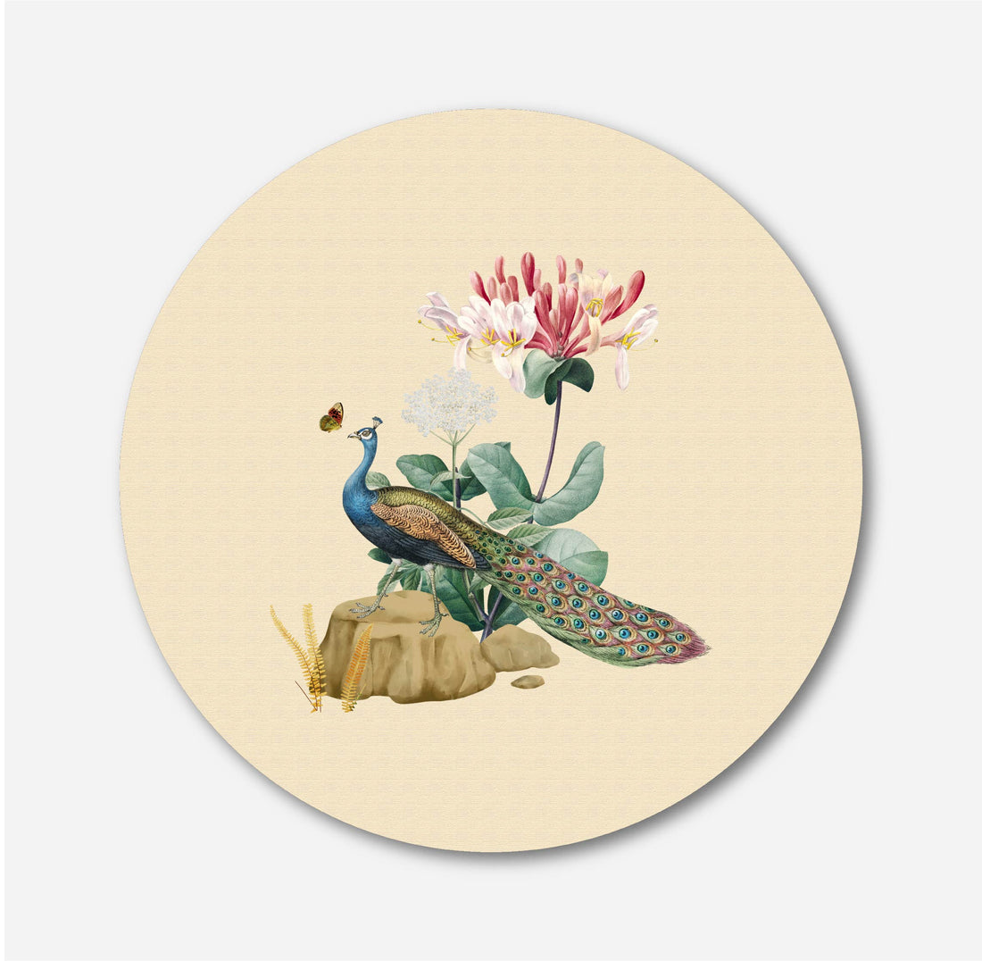 Pichwai scenic Peacock Circular Canvas Frame Circular Canvas Frame Premium Wall Art Canvas by MeriDeewar