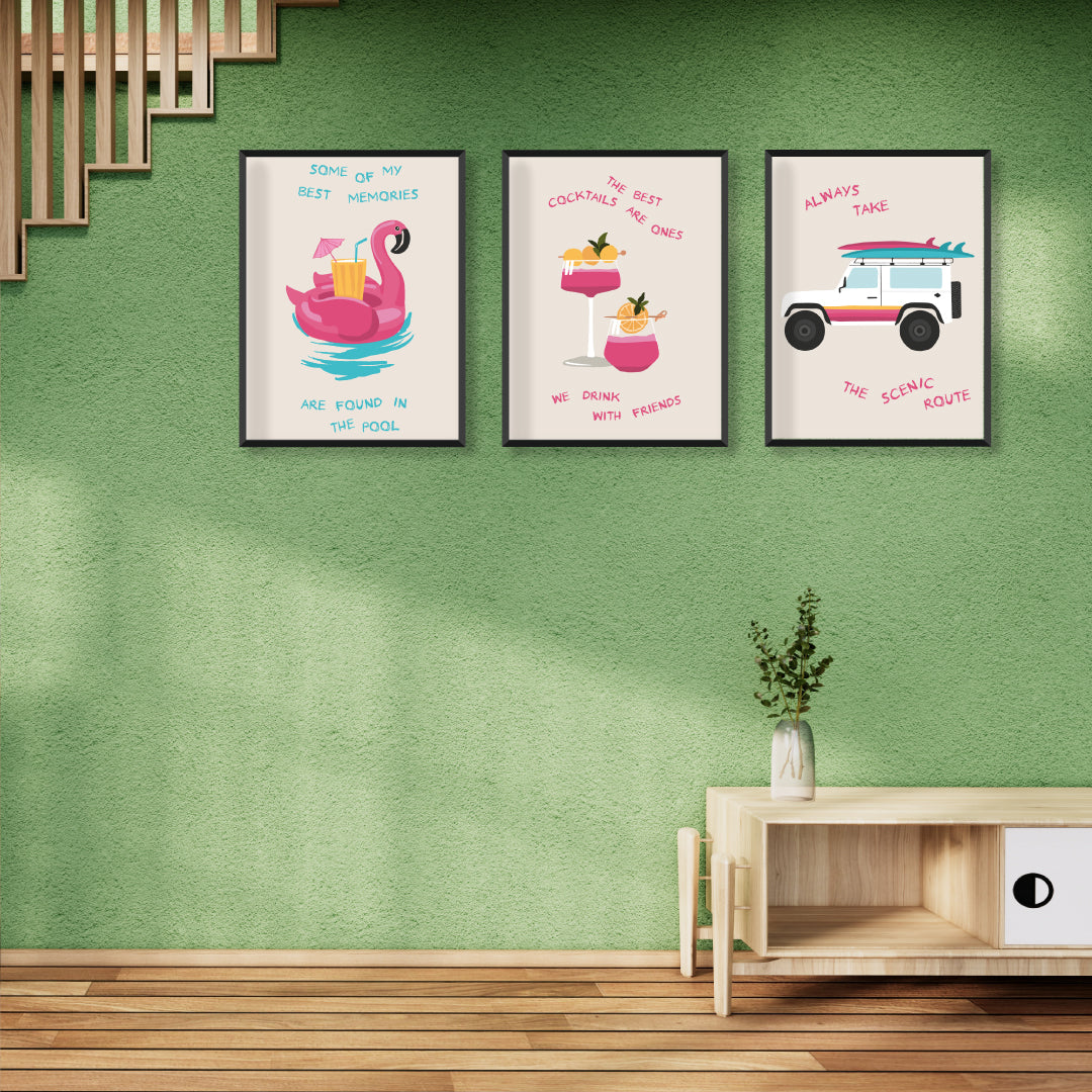 Pink Flamingo Love Set of 3 Walls Premium Wall Art Canvas by MeriDeewar