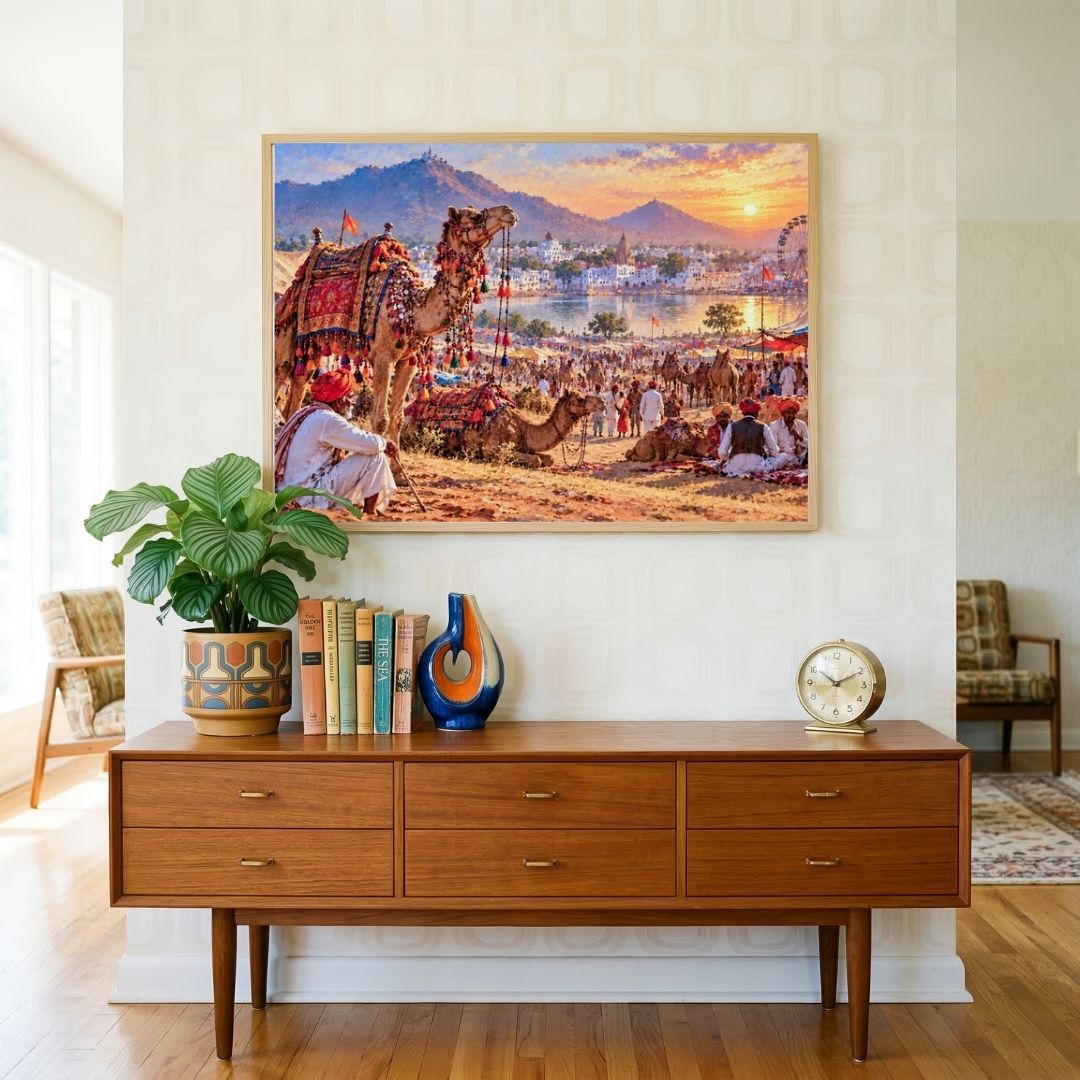 Pushkar Fair | Sunset Rajasthan Camel Mela Desert Canvas Wrap Curate Pinewood Premium Wall Art Canvas by MeriDeewar