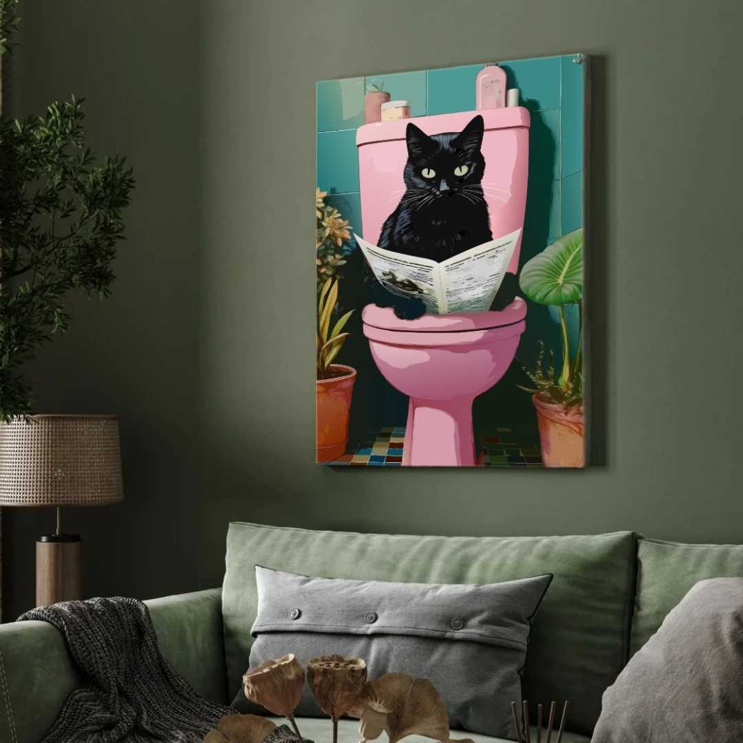 Quirky Black Cat on Pink Toilet Wall Art | Retro Bathroom Humor Framed Print 2 : 3 Vertical Premium Wall Art Canvas by MeriDeewar