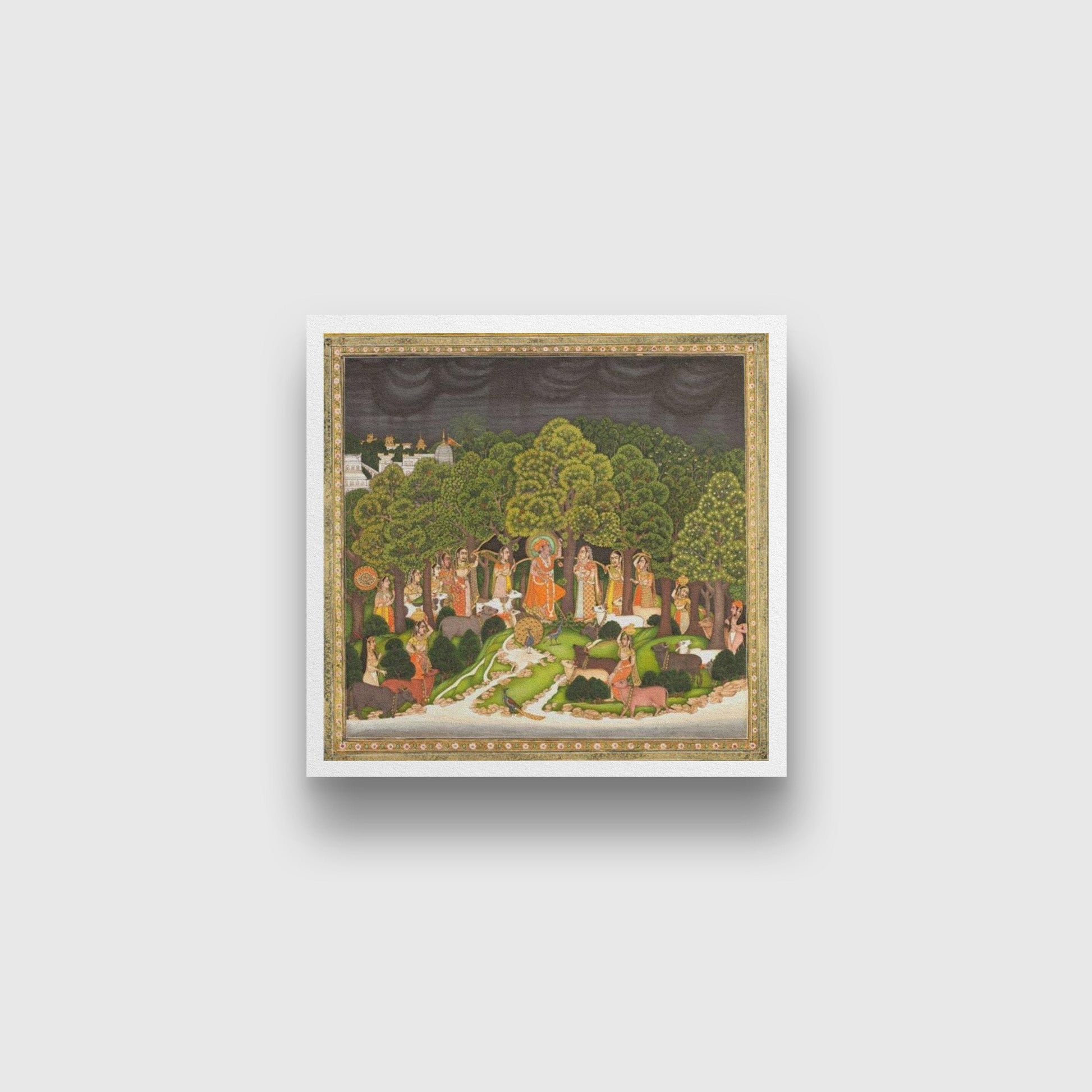 Radha and Krishna meet in the forest during a storm Painting 1 : 1 Square Premium Wall Art Canvas by MeriDeewar