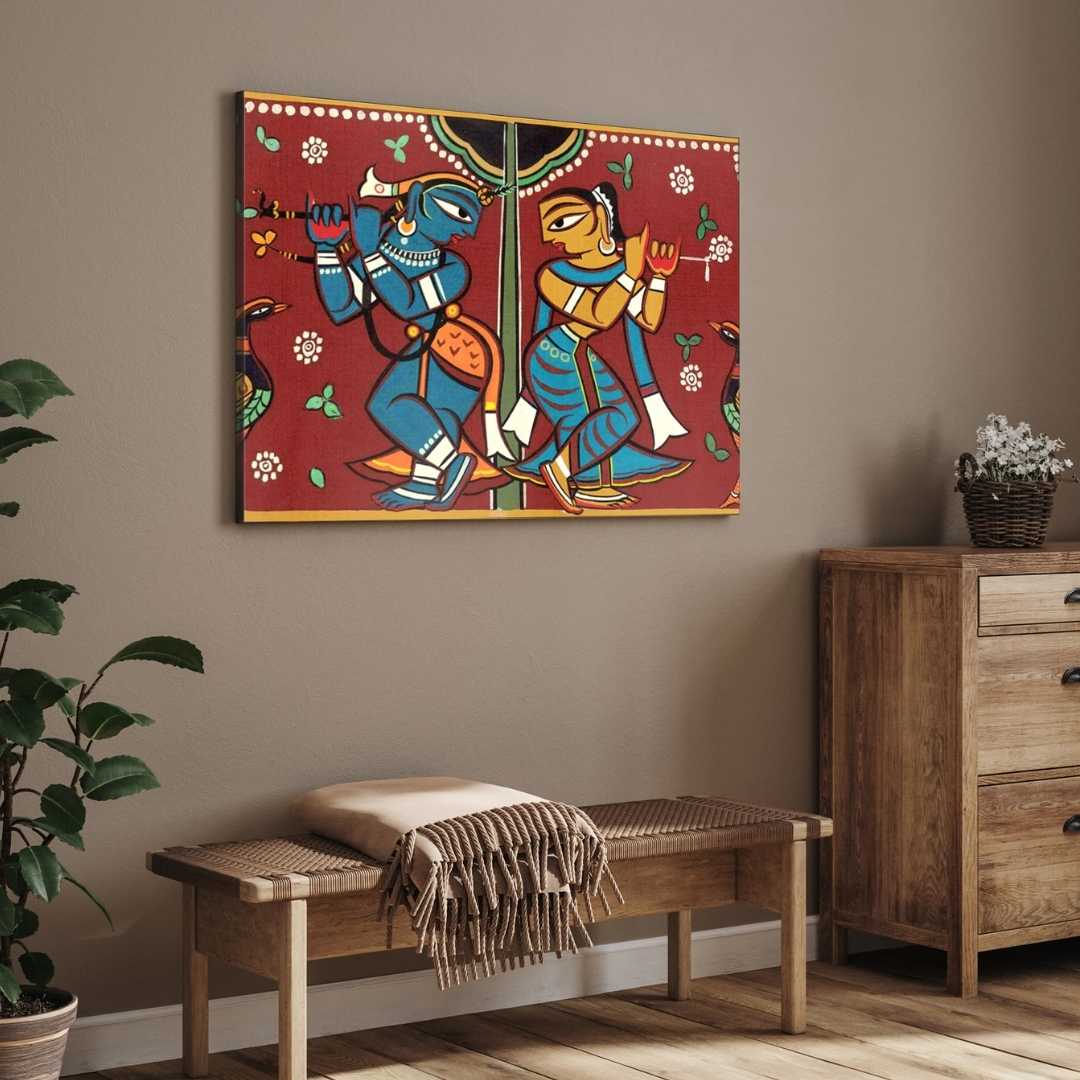 Radha Krishna Painting for Living Room | Jamini Roy Folk Art | Wall Art for Home Decor 3 : 2 Horizontal Premium Wall Art Canvas by MeriDeewar