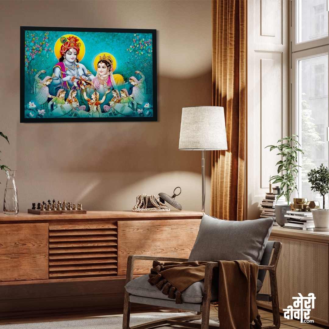 Radha Krishna Painting for Living Room | Spiritual Wall Art with Gopis | Giclée Print 3 : 2 Horizontal Premium Wall Art Canvas by MeriDeewar