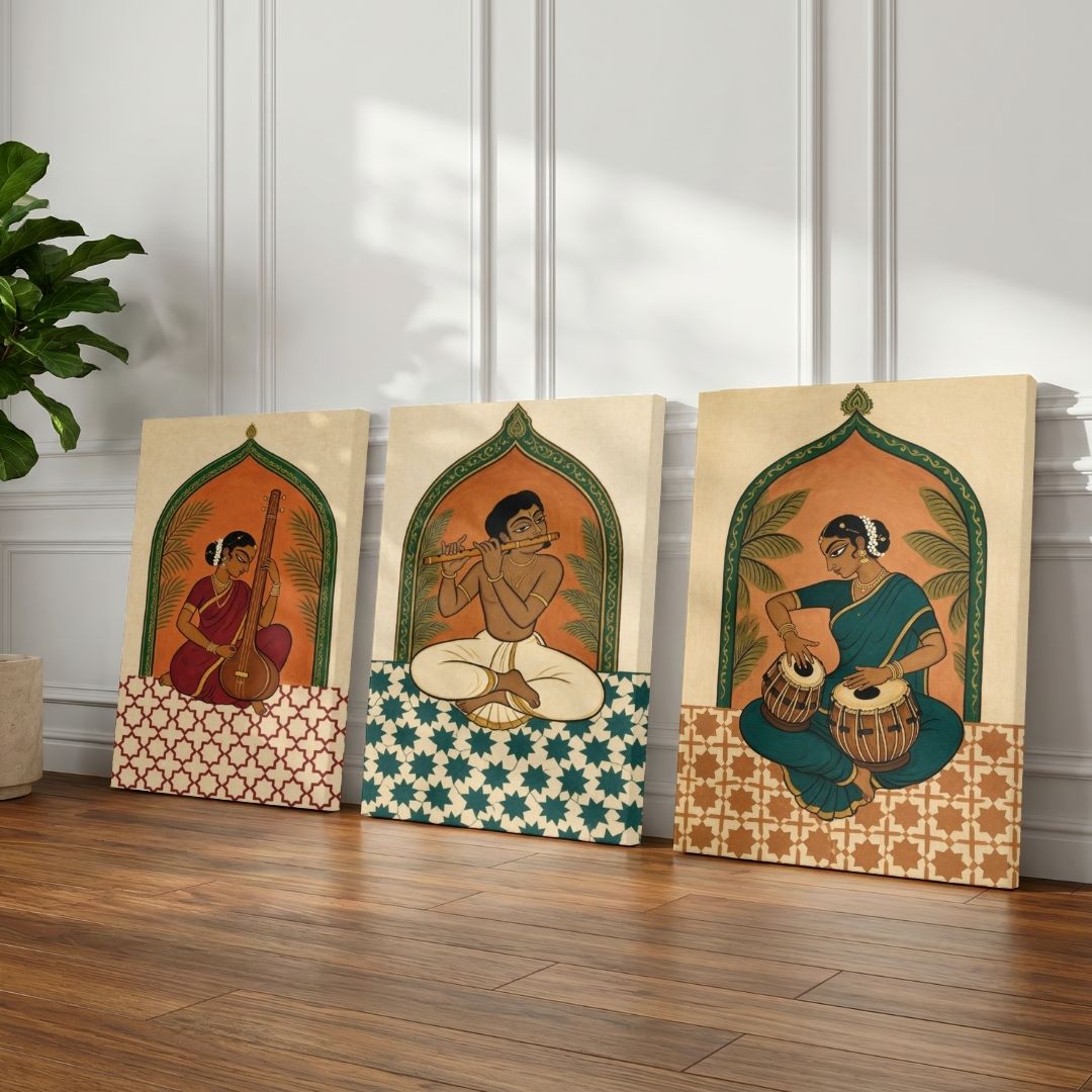 Raga | Indian Classical Musicians Set of 3 Vertical Gallery Wrap Canvas Curate Premium Wall Art Canvas by MeriDeewar