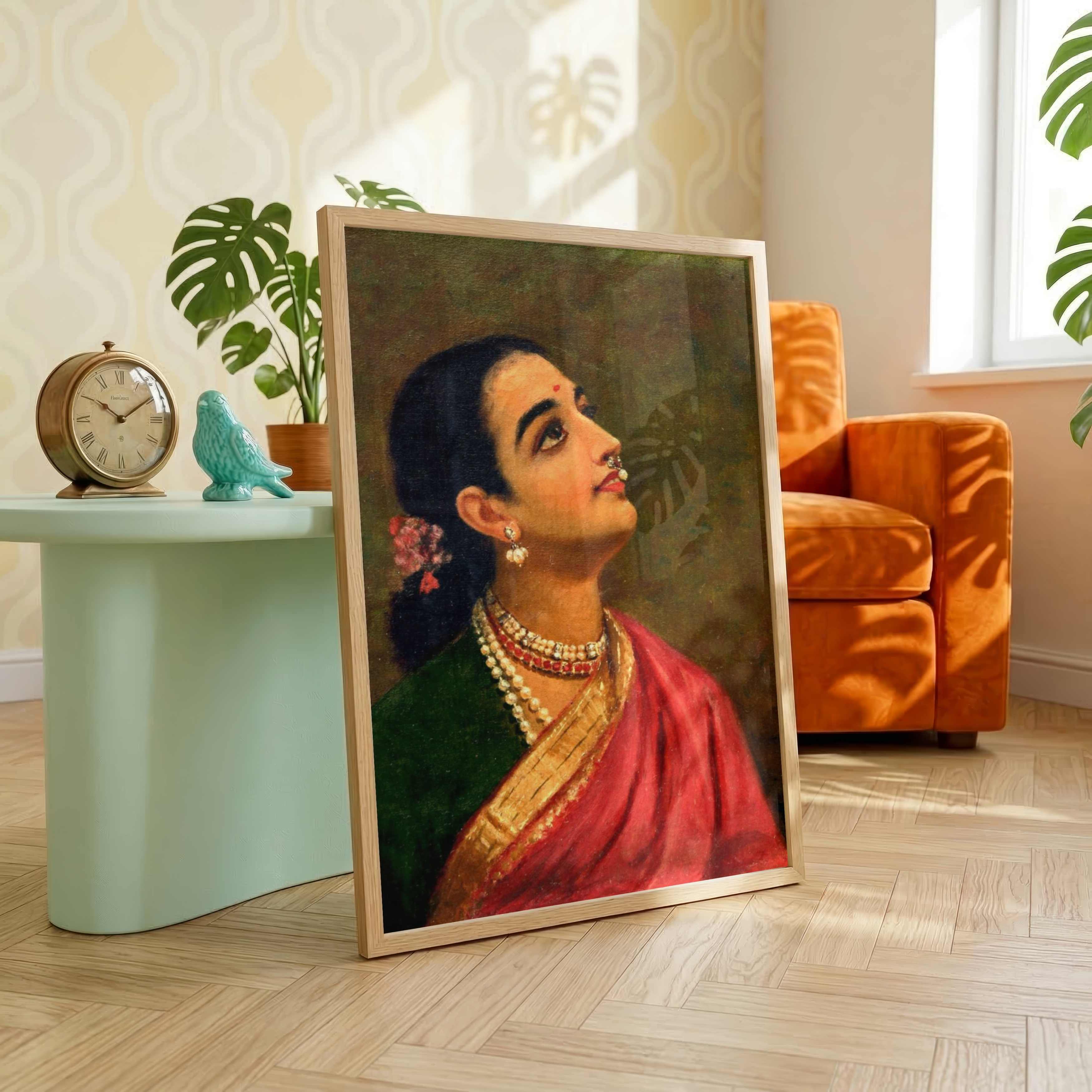 Raja Ravi Varma Indian Woman Portrait Painting for Living Room | Framed Wall Art Print 3 : 4 Vertical Premium Wall Art Canvas by MeriDeewar