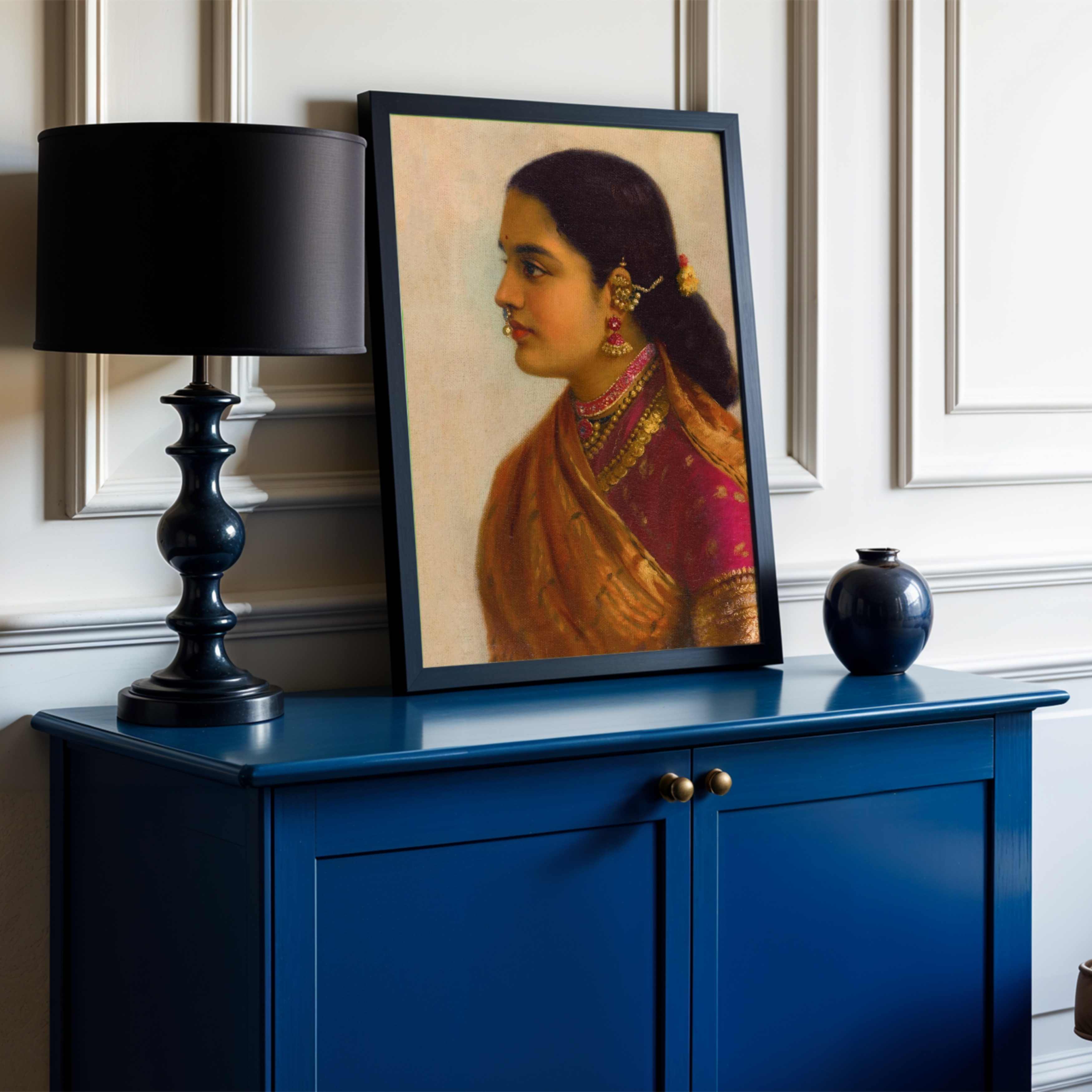 Raja Ravi Varma Indian Woman Portrait Painting for Living Room | Traditional Wall Art 2 : 3 Vertical Premium Wall Art Canvas by MeriDeewar