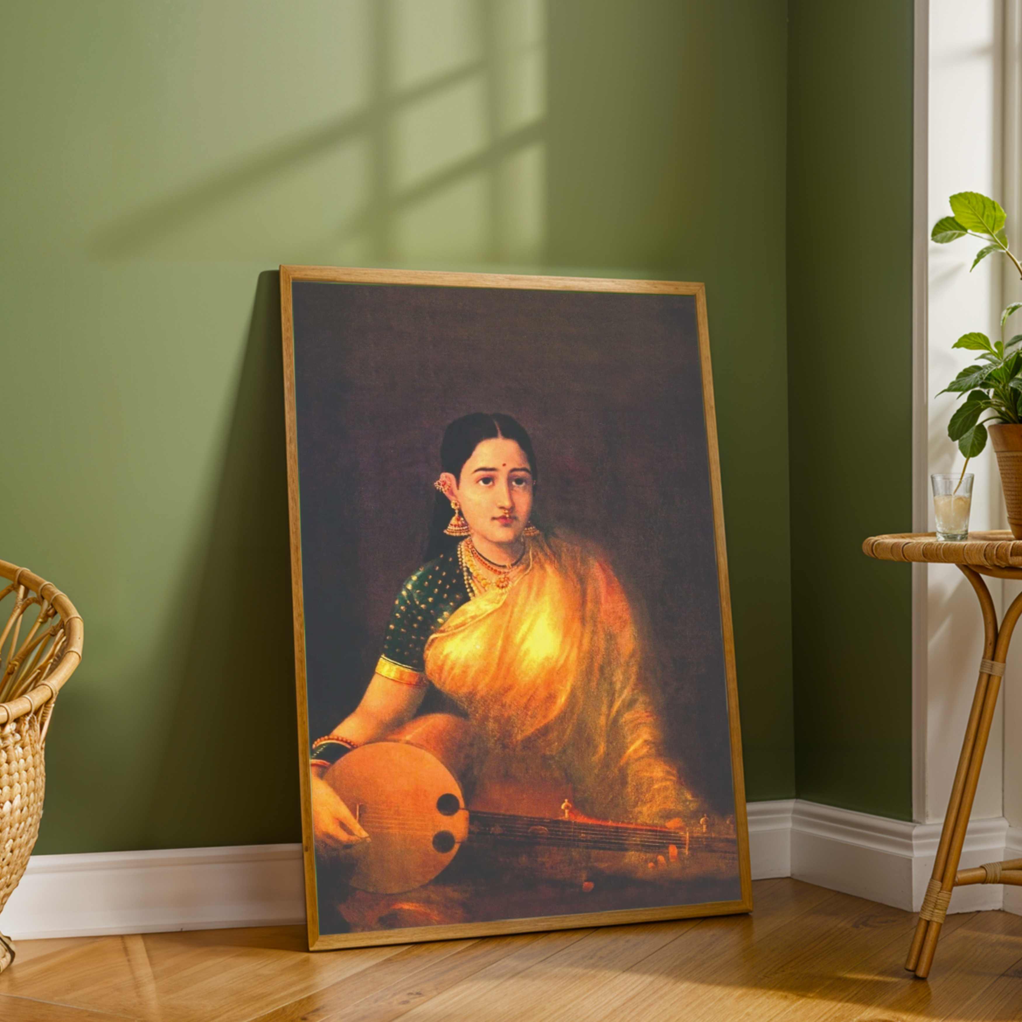 Raja Ravi Varma Lady with Swarbat Painting for Living Room | Classical Indian Wall Art 3 : 4 Vertical Premium Wall Art Canvas by MeriDeewar