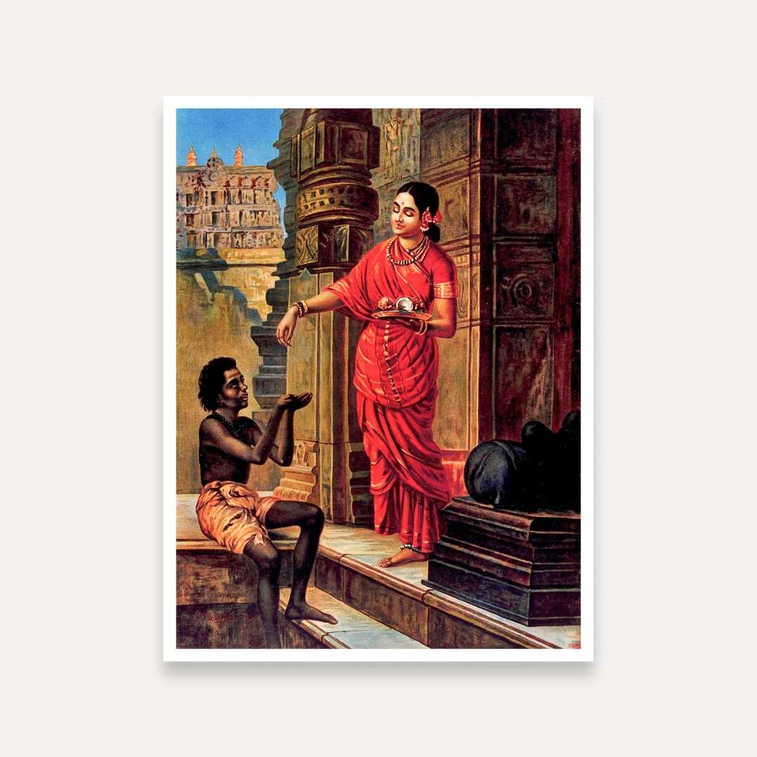 Raja Ravi Varma Painting – Woman Giving Alms | Traditional Indian Wall Art for Home 3 : 4 Vertical Premium Wall Art Canvas by MeriDeewar