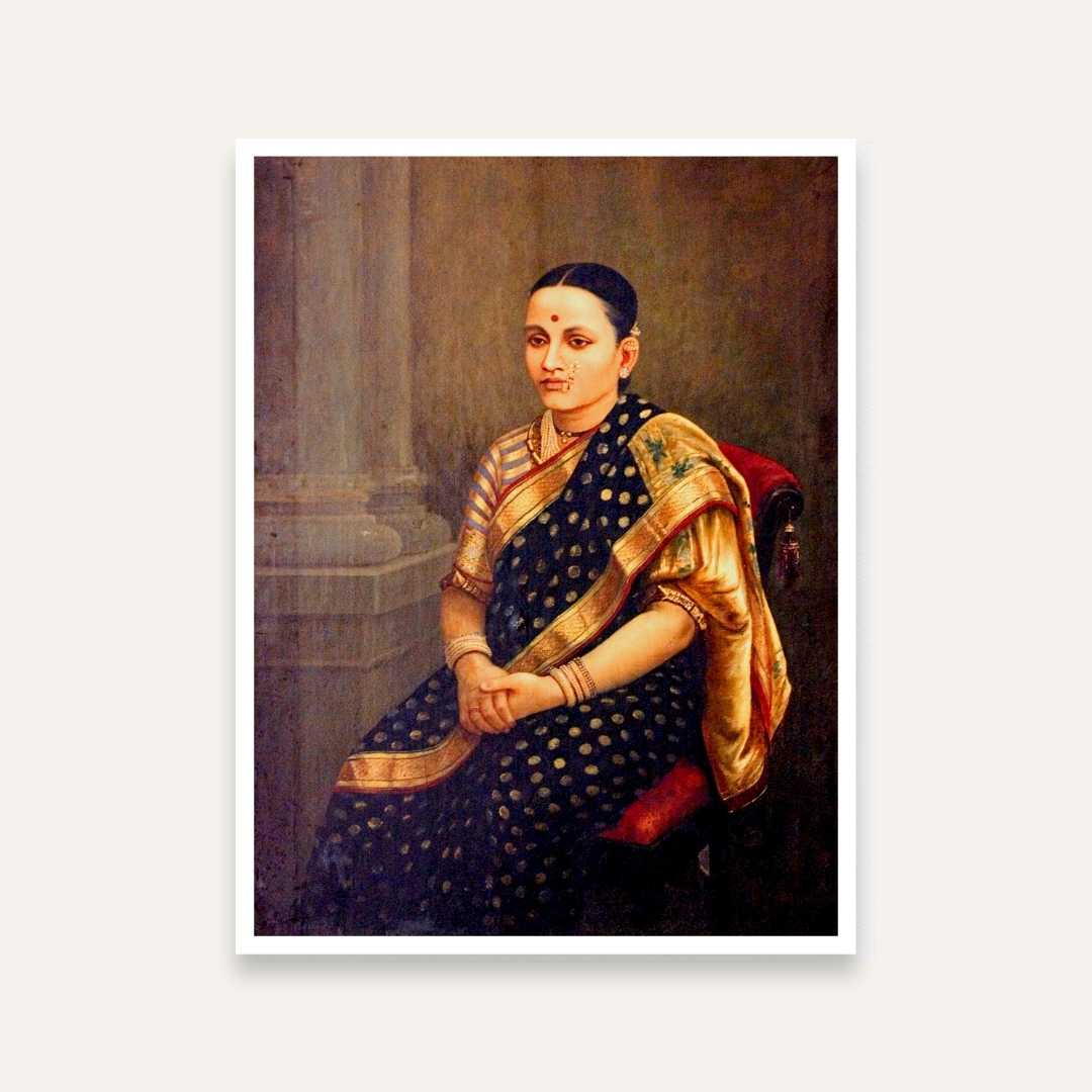 Raja Ravi Varma Portrait Painting for Living Room – Indian Woman in Saree Wall Art 3 : 4 Vertical Premium Wall Art Canvas by MeriDeewar
