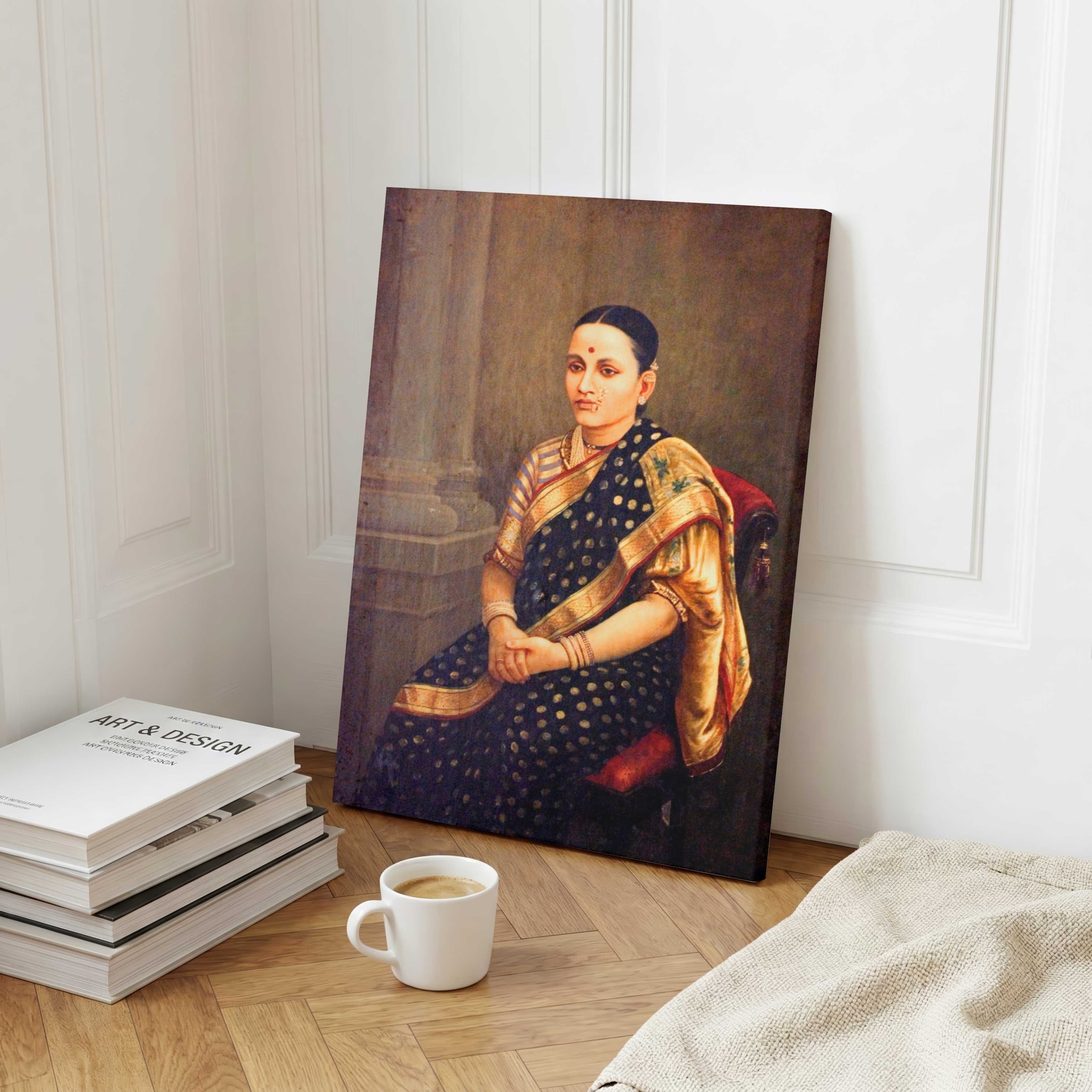 Raja Ravi Varma Portrait Painting for Living Room – Indian Woman in Saree Wall Art 3 : 4 Vertical Premium Wall Art Canvas by MeriDeewar