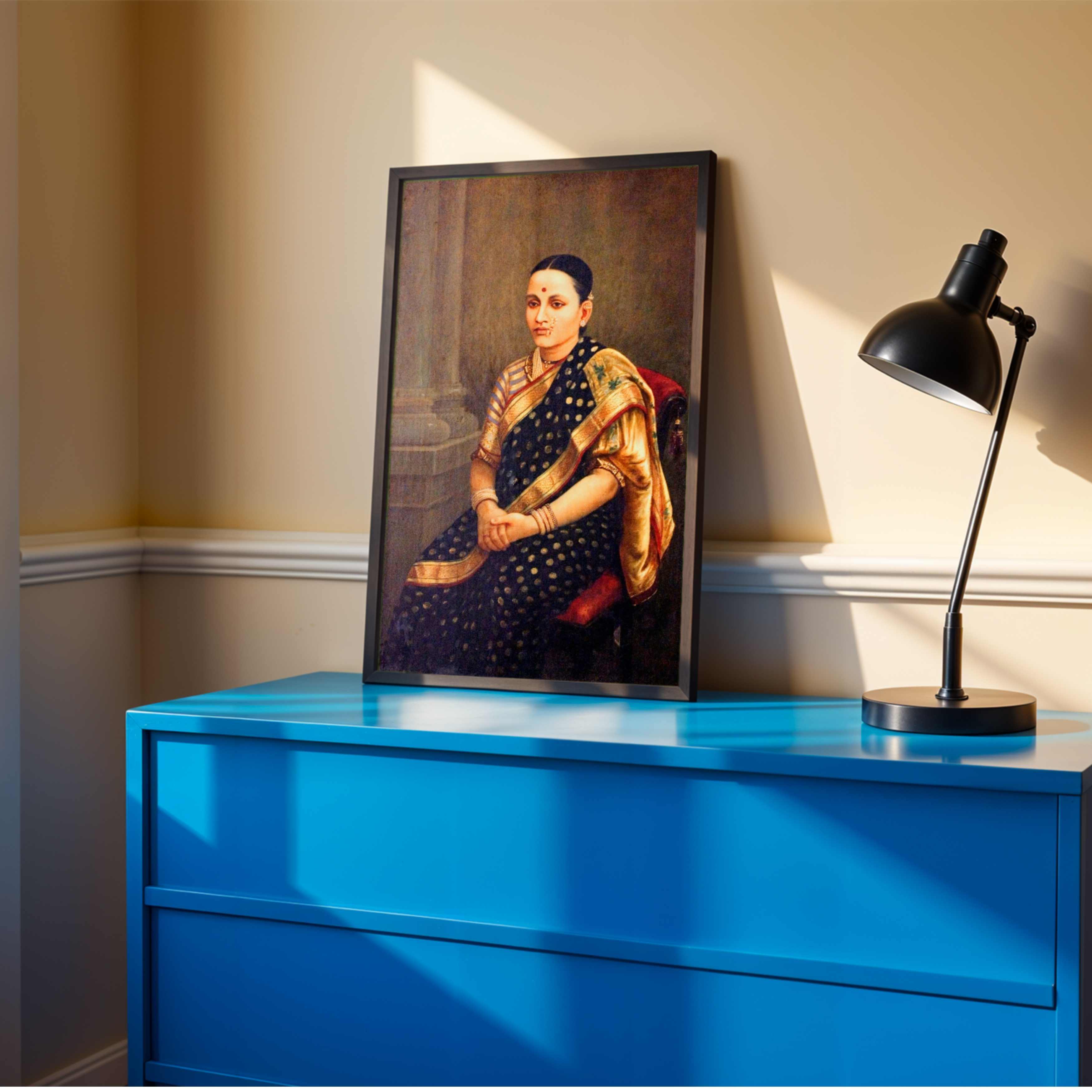 Raja Ravi Varma Portrait Painting for Living Room – Indian Woman in Saree Wall Art 3 : 4 Vertical Premium Wall Art Canvas by MeriDeewar