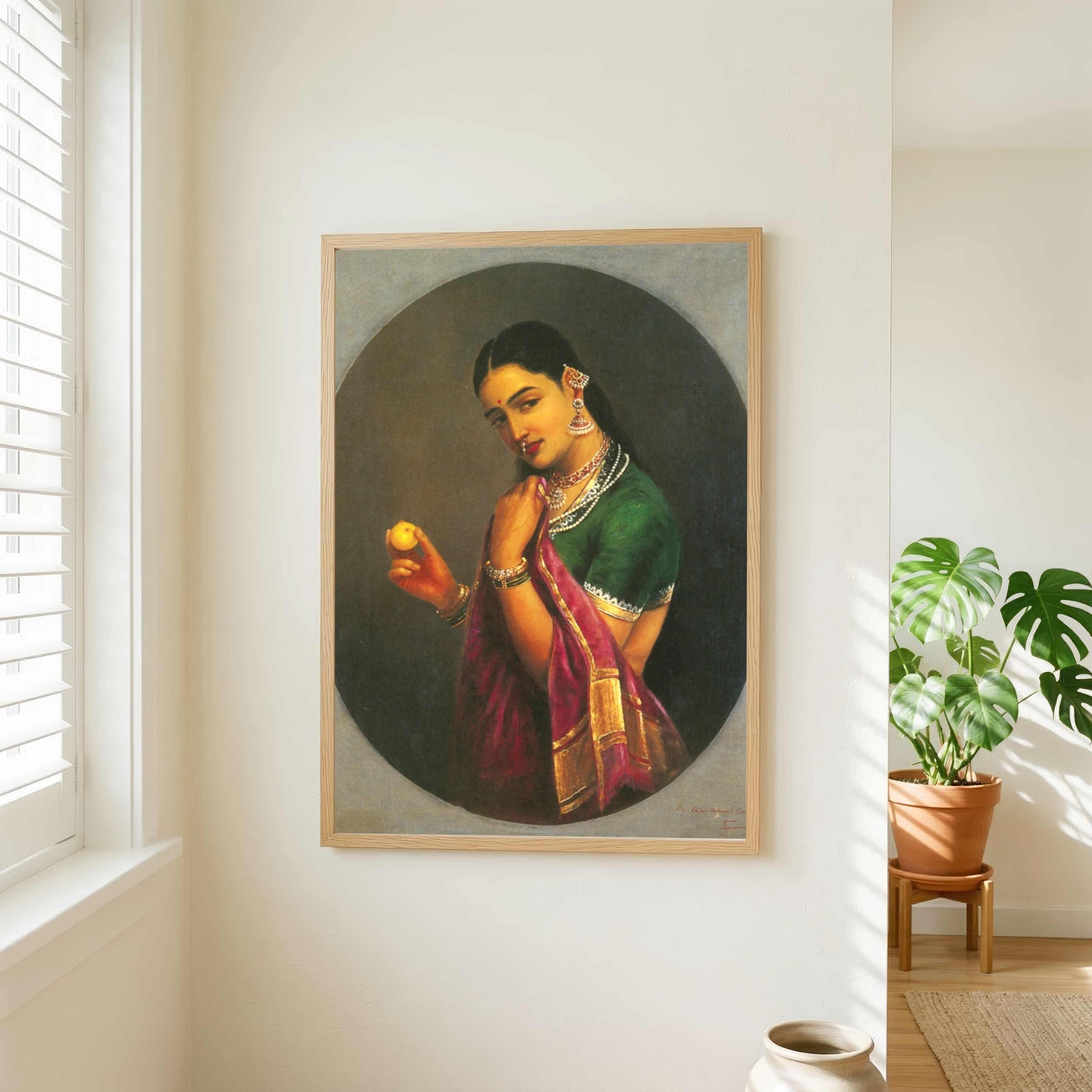 Raja Ravi Varma Woman Holding Lemon Painting – Classic Indian Portrait Wall Art 3 : 4 Vertical Premium Wall Art Canvas by MeriDeewar