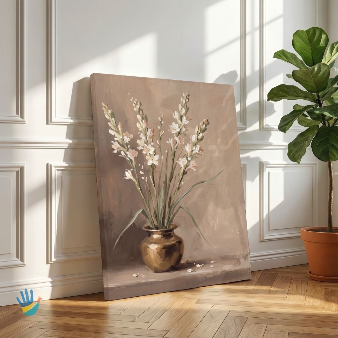 Rajnigandha in a Brass Lota | Tuberose Still Life Art 3 : 4 Vertical Premium Wall Art Canvas by MeriDeewar
