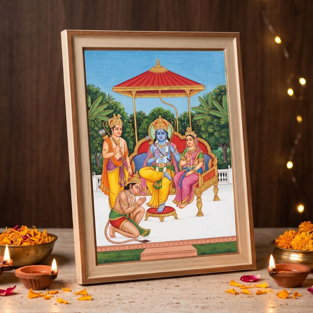 Ram Darbar | Shri Ram Sita Lakshman Hanuman Vertical Framed Art. Curate Premium Wall Art Canvas by MeriDeewar