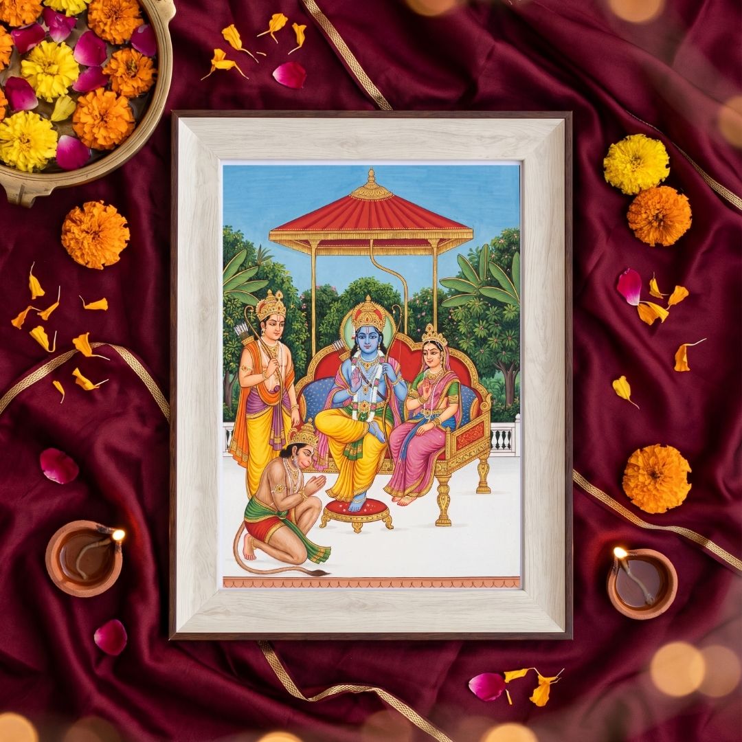 Ram Darbar | Shri Ram Sita Lakshman Hanuman Vertical Framed Art. Curate Premium Wall Art Canvas by MeriDeewar