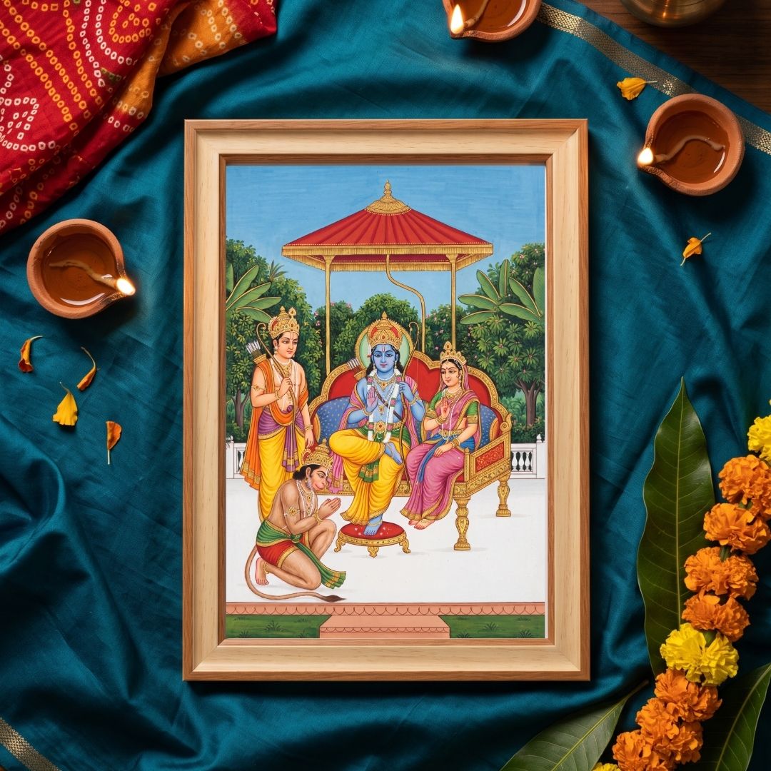 Ram Darbar | Shri Ram Sita Lakshman Hanuman Vertical Framed Art. Curate Premium Wall Art Canvas by MeriDeewar