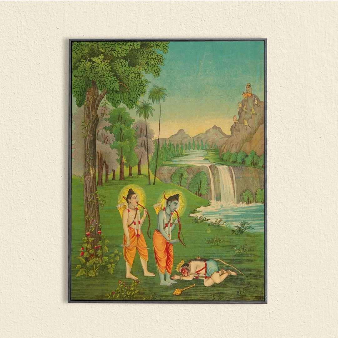 Rama Lakshmana and Hanuman – Vintage Ramayana Scene – Giclée Fine Art Print 3 : 4 Vertical New Premium Wall Art Canvas by MeriDeewar