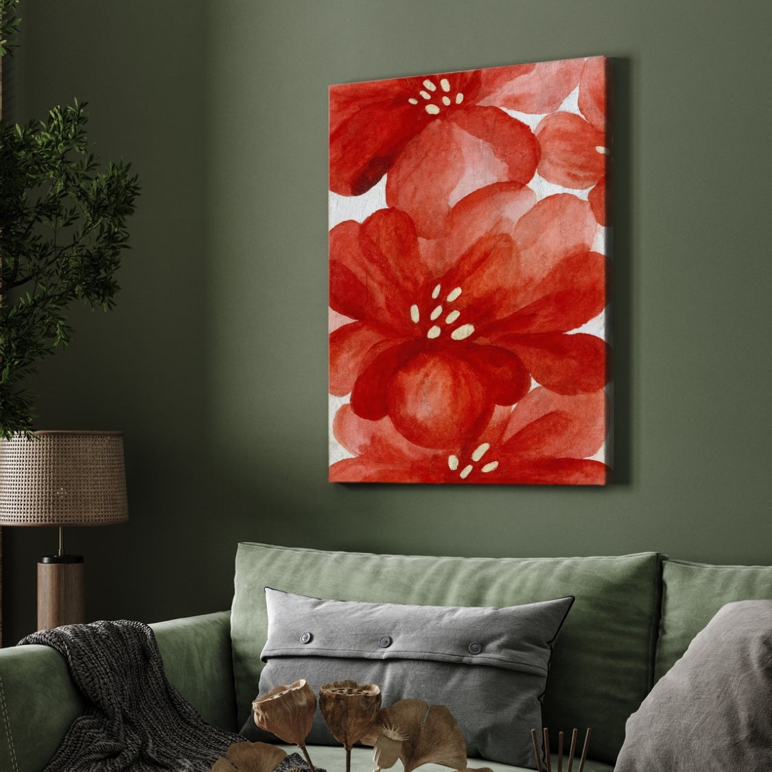 Red Floral Painting for Living Room | Bold Watercolor Flowers Wall Art | Giclée Print 2 : 3 Vertical Premium Wall Art Canvas by MeriDeewar
