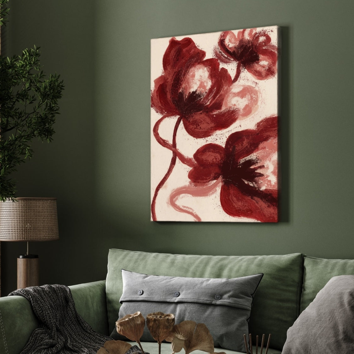 Red Floral Painting for Living Room | Maroon Poppy Wall Art | Giclée Fine Art Print 2 : 3 Vertical Premium Wall Art Canvas by MeriDeewar