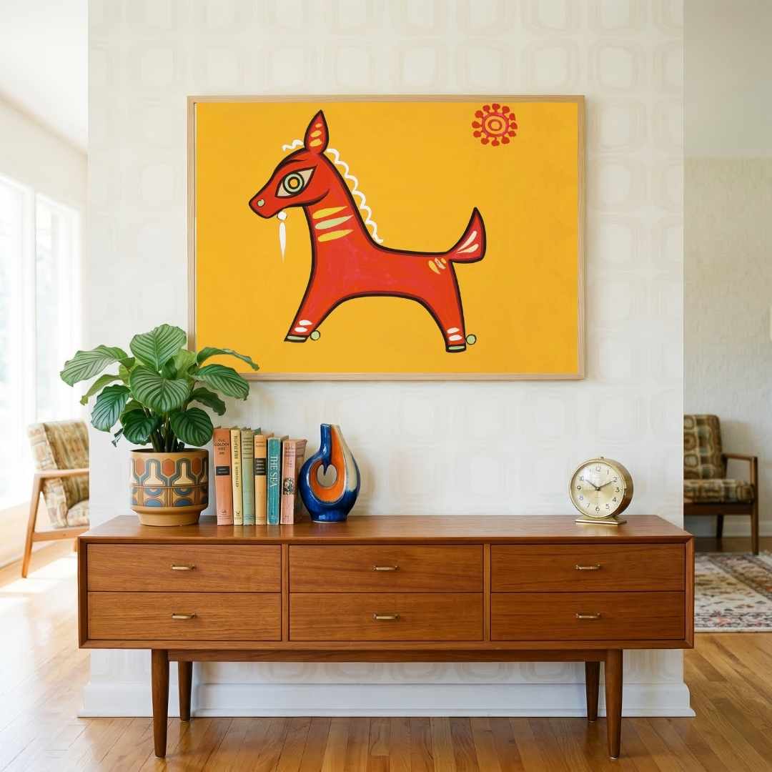"Red Horse" Jamini Roy Painting | Fine Art Wall Art 3 : 2 Horizontal Premium Wall Art Canvas by MeriDeewar