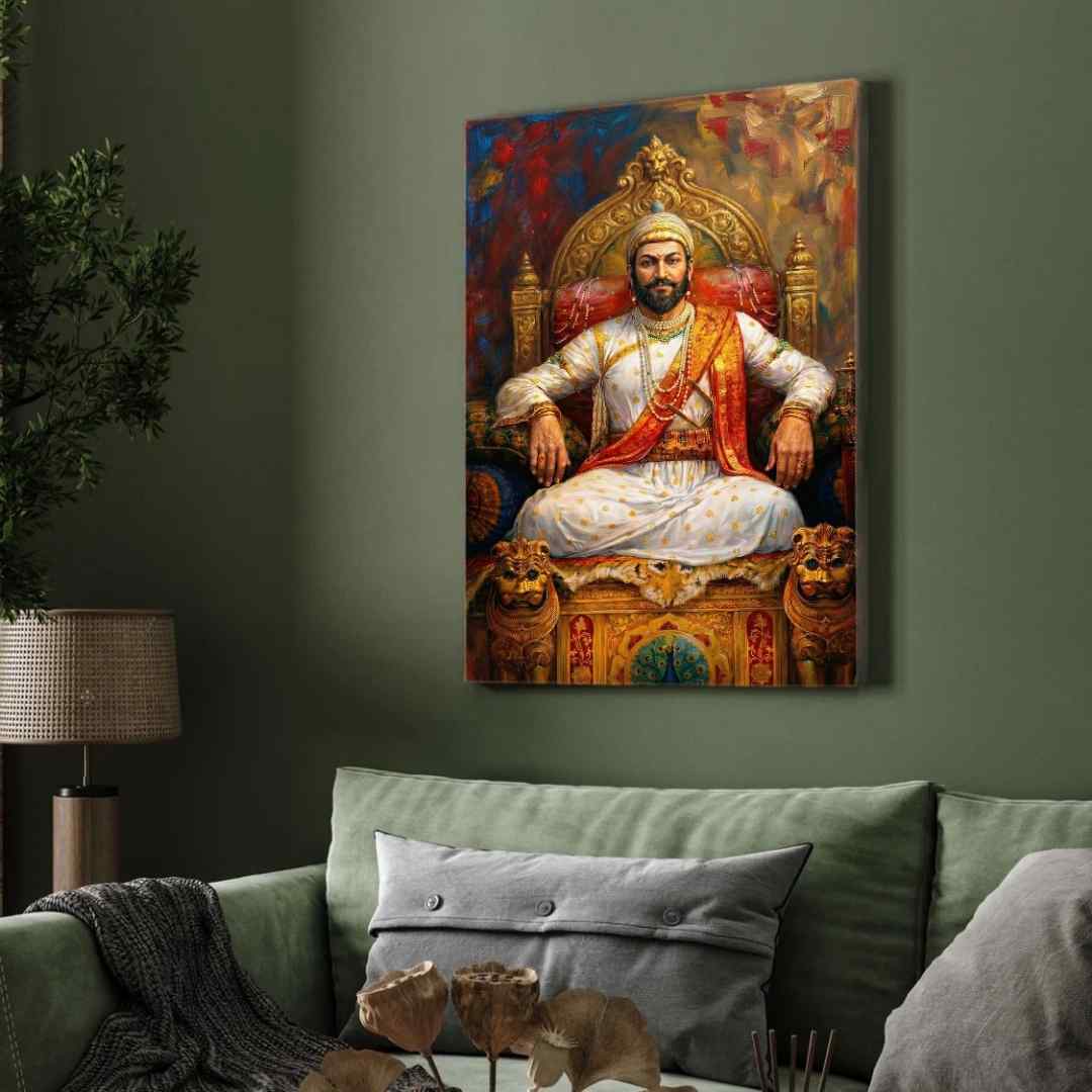 Regal Chhatrapati Shivaji Maharaj Throne Portrait | Edge-to-Edge Impasto Oil Painting Print 2 : 3 Vertical Premium Wall Art Canvas by MeriDeewar