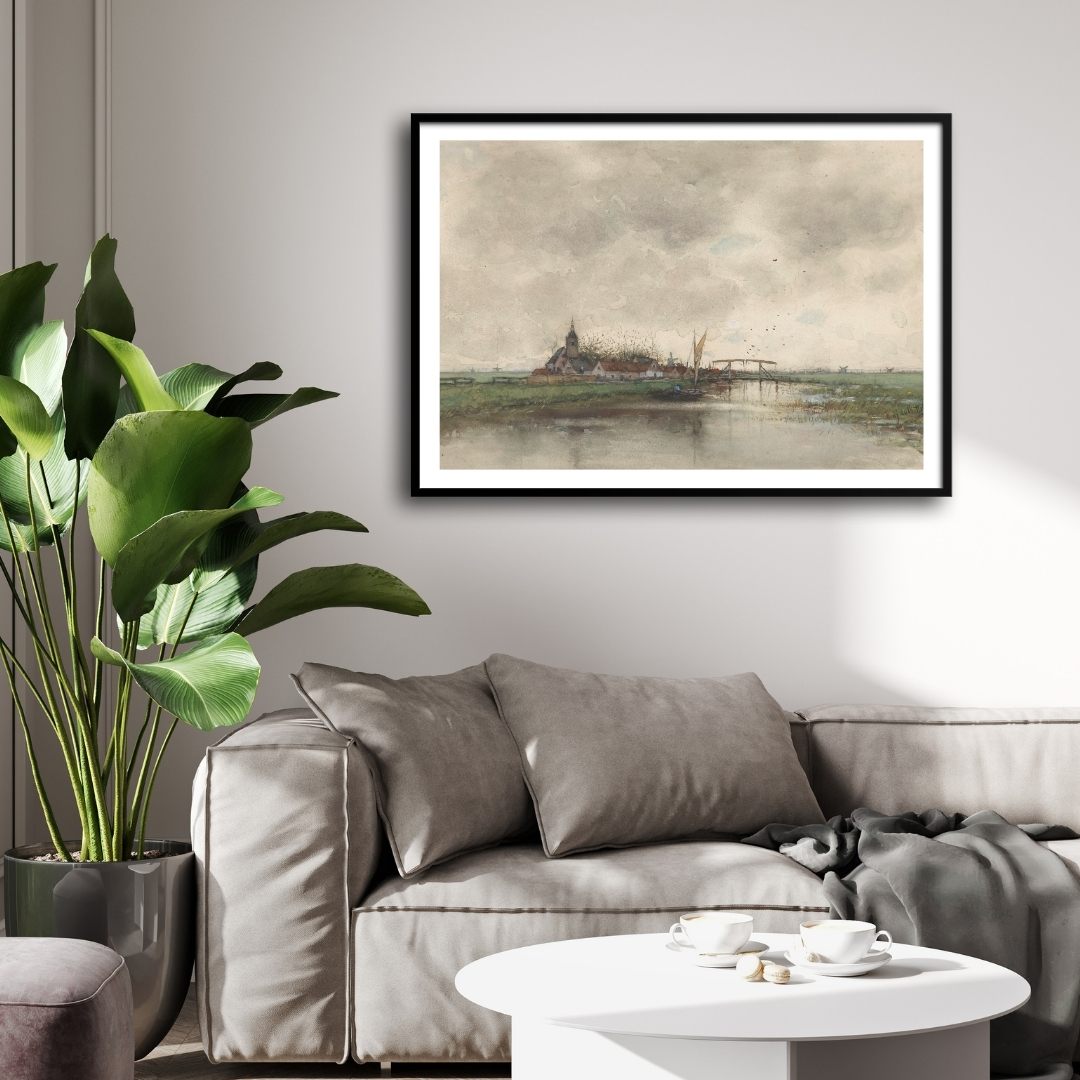 River Landscape With A View Of Village 2 : 3 Horizontal Premium Wall Art Canvas by MeriDeewar