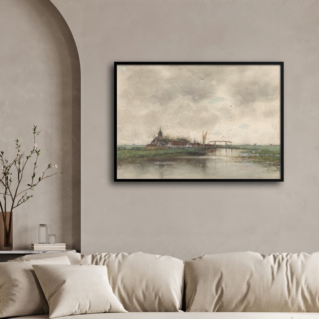 River Landscape With A View Of Village 2 : 3 Horizontal Premium Wall Art Canvas by MeriDeewar