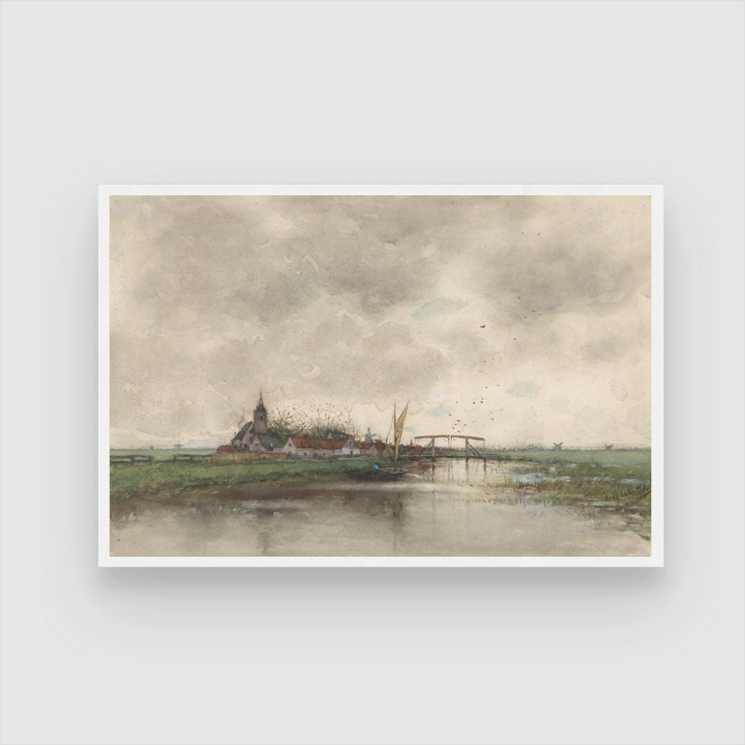 River Landscape With A View Of Village 2 : 3 Horizontal Premium Wall Art Canvas by MeriDeewar