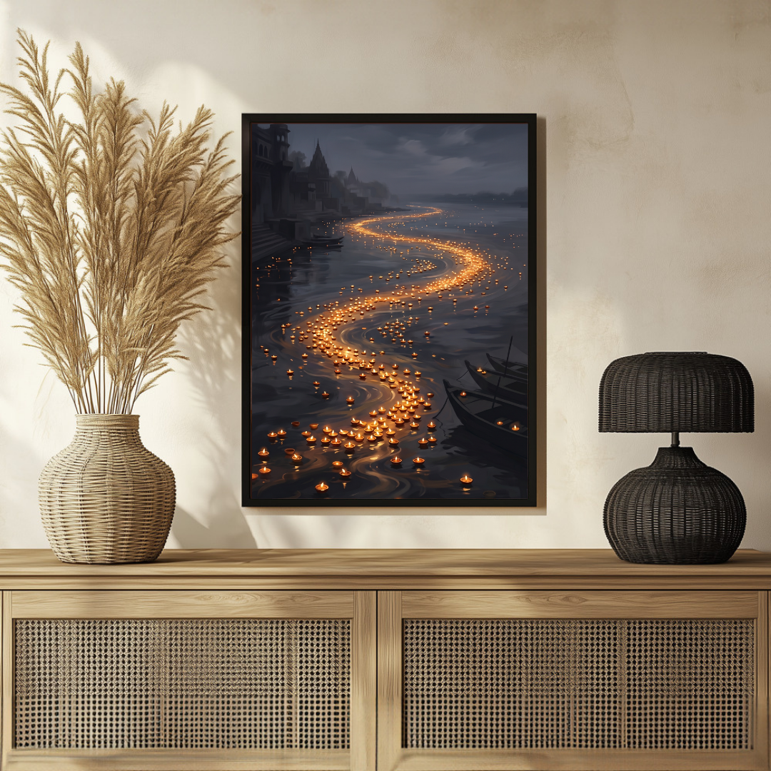 River of Light Floating Diyas Wall Art | Serene Ganges Night Oil Painting Print 2 : 3 Vertical Premium Wall Art Canvas by MeriDeewar