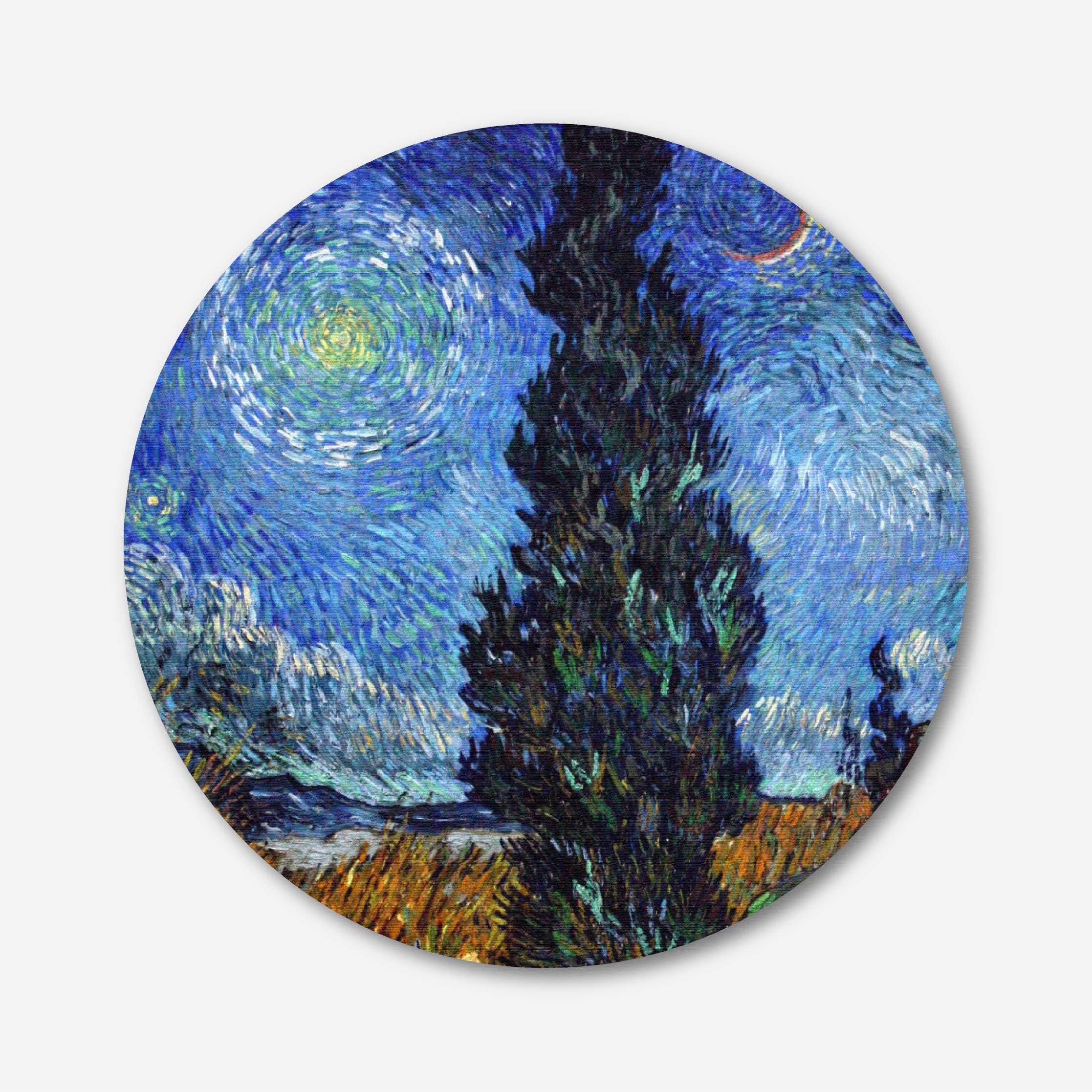 Road with Cypress and Star Painting Circular Canvas Frame Circular Canvas Frame Premium Wall Art Canvas by MeriDeewar