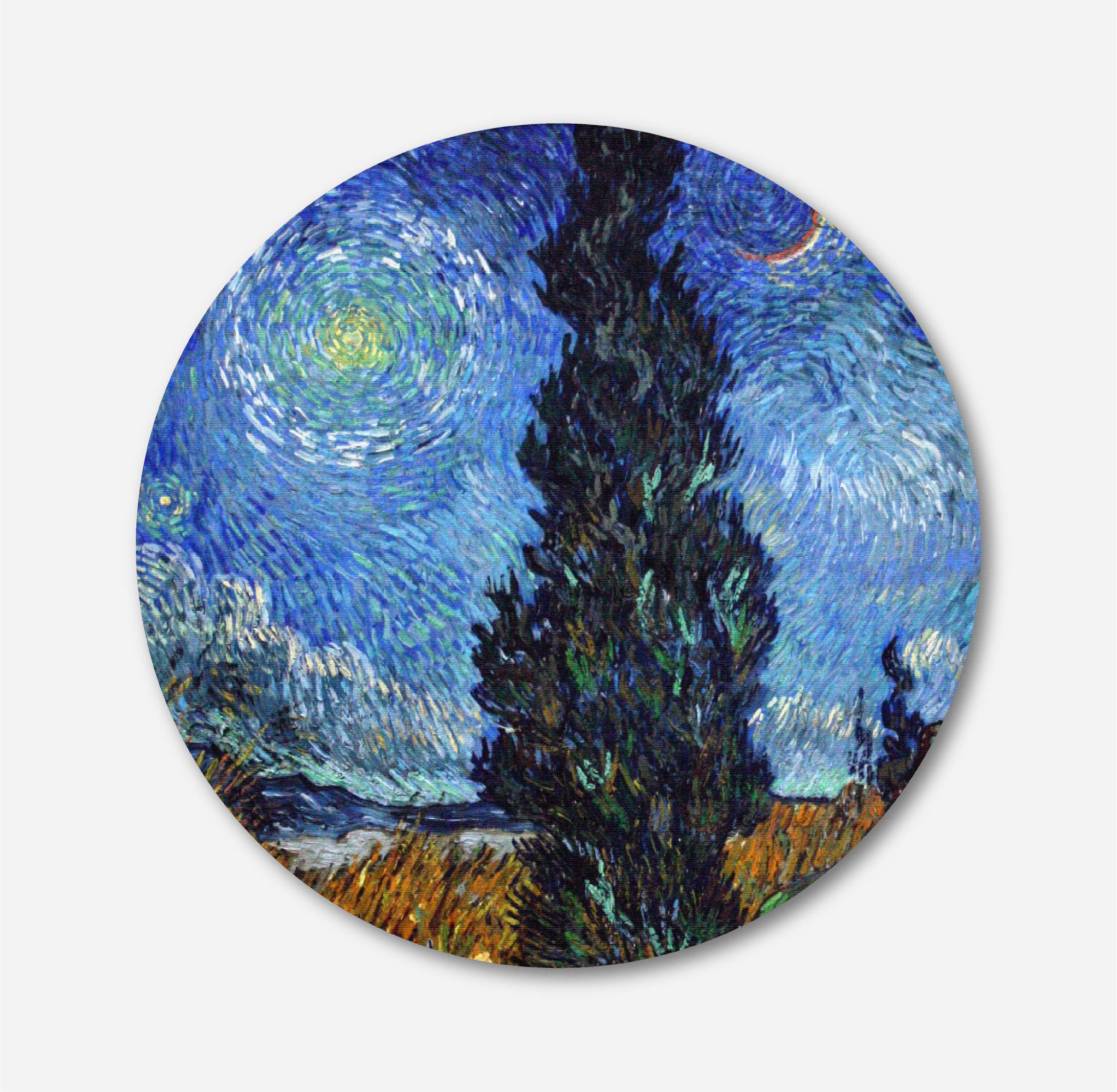 Road with Cypress and Star Painting Circular Canvas Frame Circular Canvas Frame Premium Wall Art Canvas by MeriDeewar