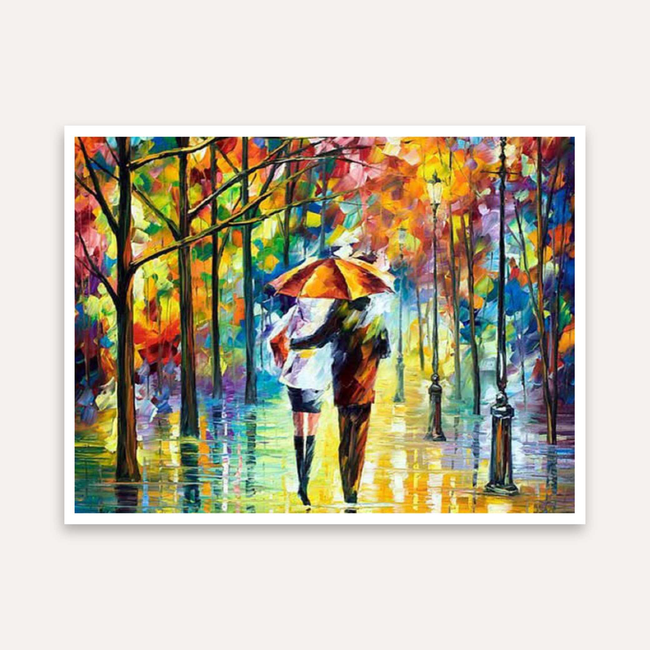 Romantic Couple in Rain Painting for Living Room | Colorful Wall Art | Giclée Print 5 : 4 Horizontal Premium Wall Art Canvas by MeriDeewar