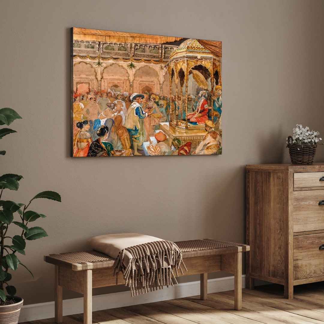 Royal Indian Court Durbar Wall Art | Vintage Historical Watercolor Print 3 : 2 Horizontal Premium Wall Art Canvas by MeriDeewar