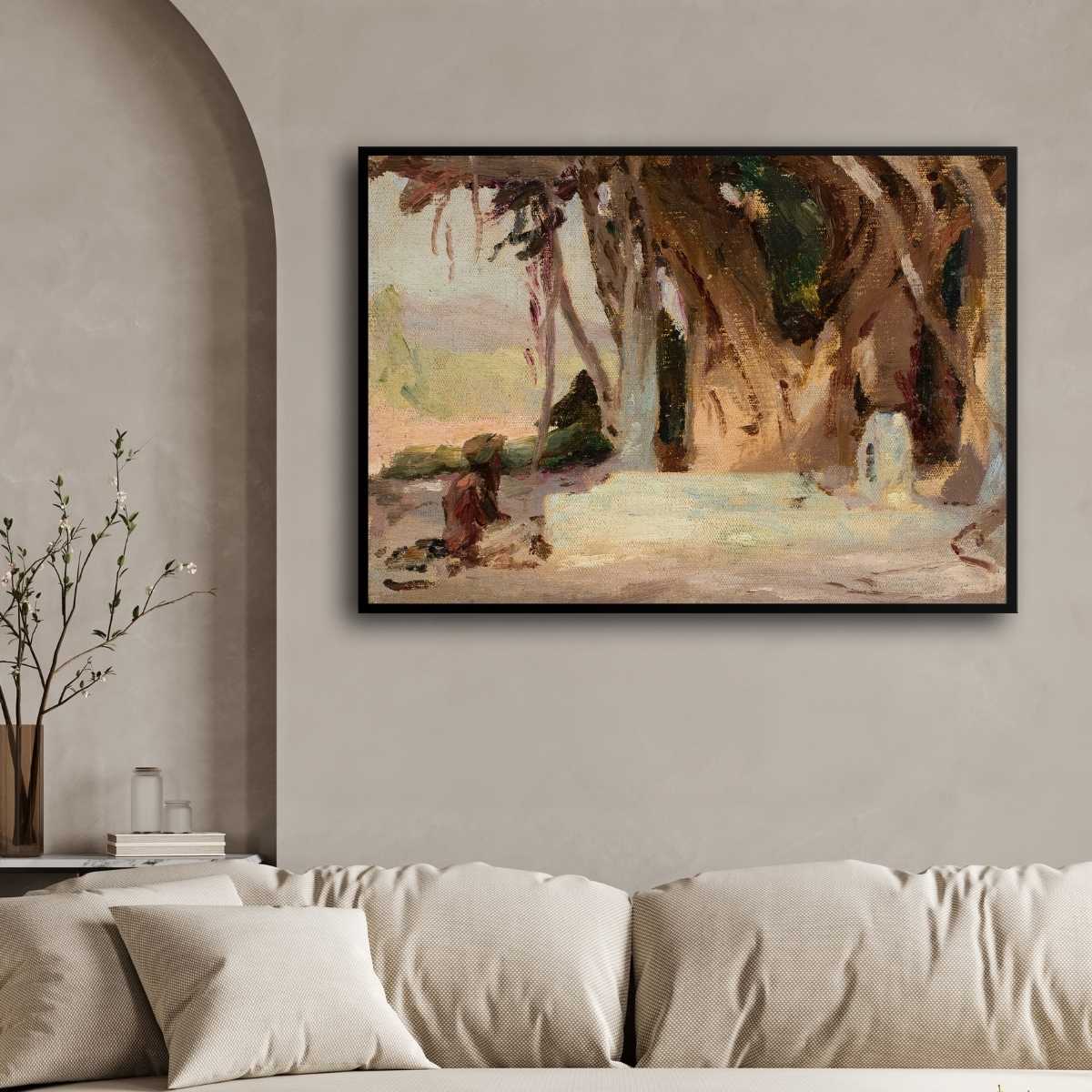 Rustic Indian Banyan Tree Landscape Oil Painting | Horizontal Framed Print 4 : 3 Horizontal Premium Wall Art Canvas by MeriDeewar