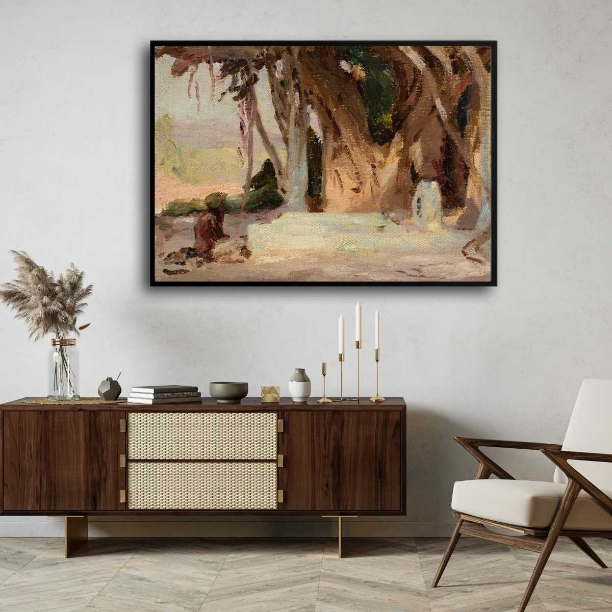 Rustic Indian Banyan Tree Landscape Oil Painting | Horizontal Framed Print 4 : 3 Horizontal Premium Wall Art Canvas by MeriDeewar