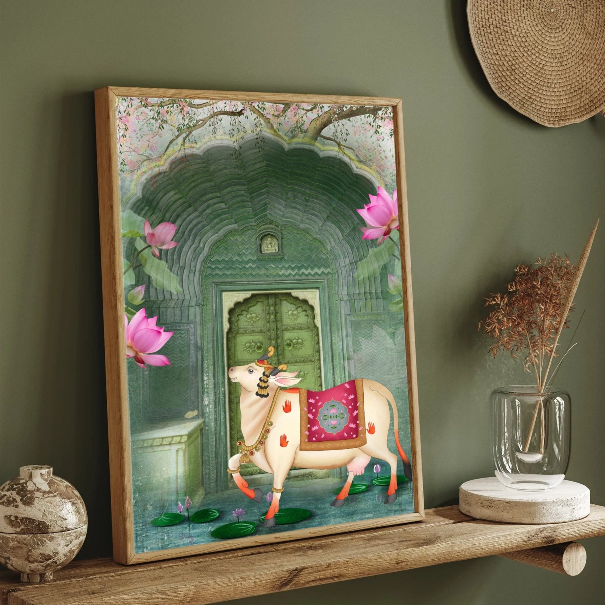 Sacred Cow Procession Under Palm Trees – Traditional Pichwai Wall Art 2 : 3 Vertical Premium Wall Art Canvas by MeriDeewar