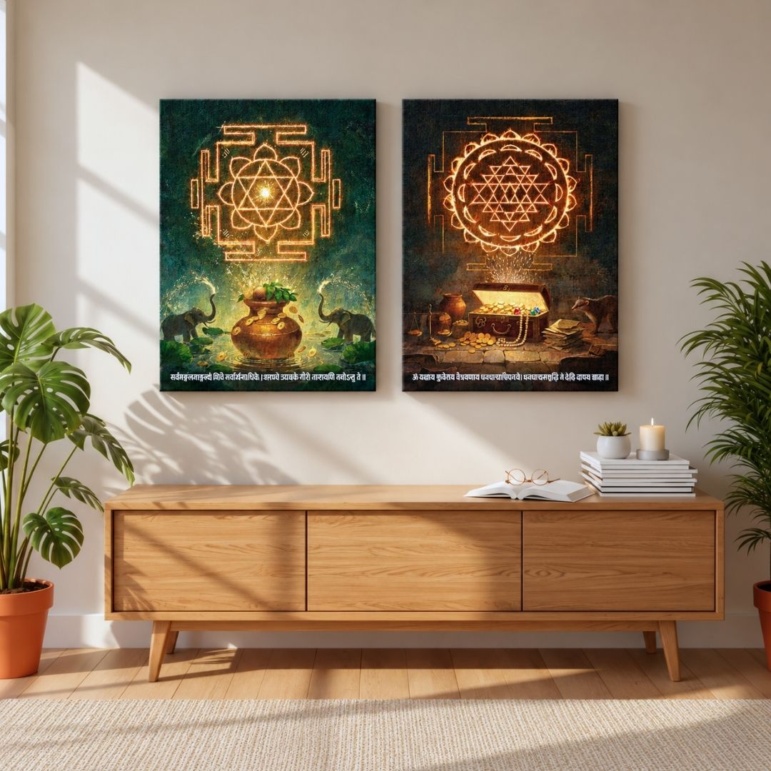 Sacred Durga & Kubera Yantra | Set of 2 Vertical Canvas Curate Premium Wall Art Canvas by MeriDeewar